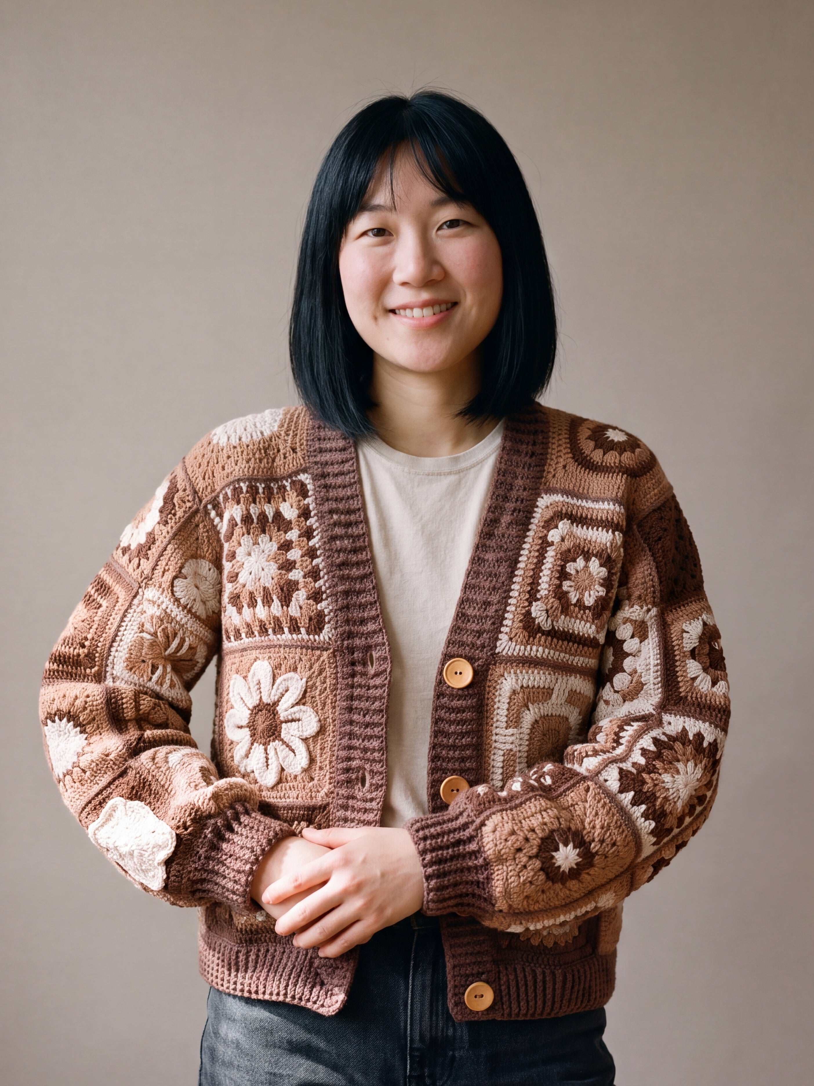 Woman wearing the Sampler Cardigan in Brown, a hand-crocheted granny-square cardigan, over a plain t-shirt and jeans