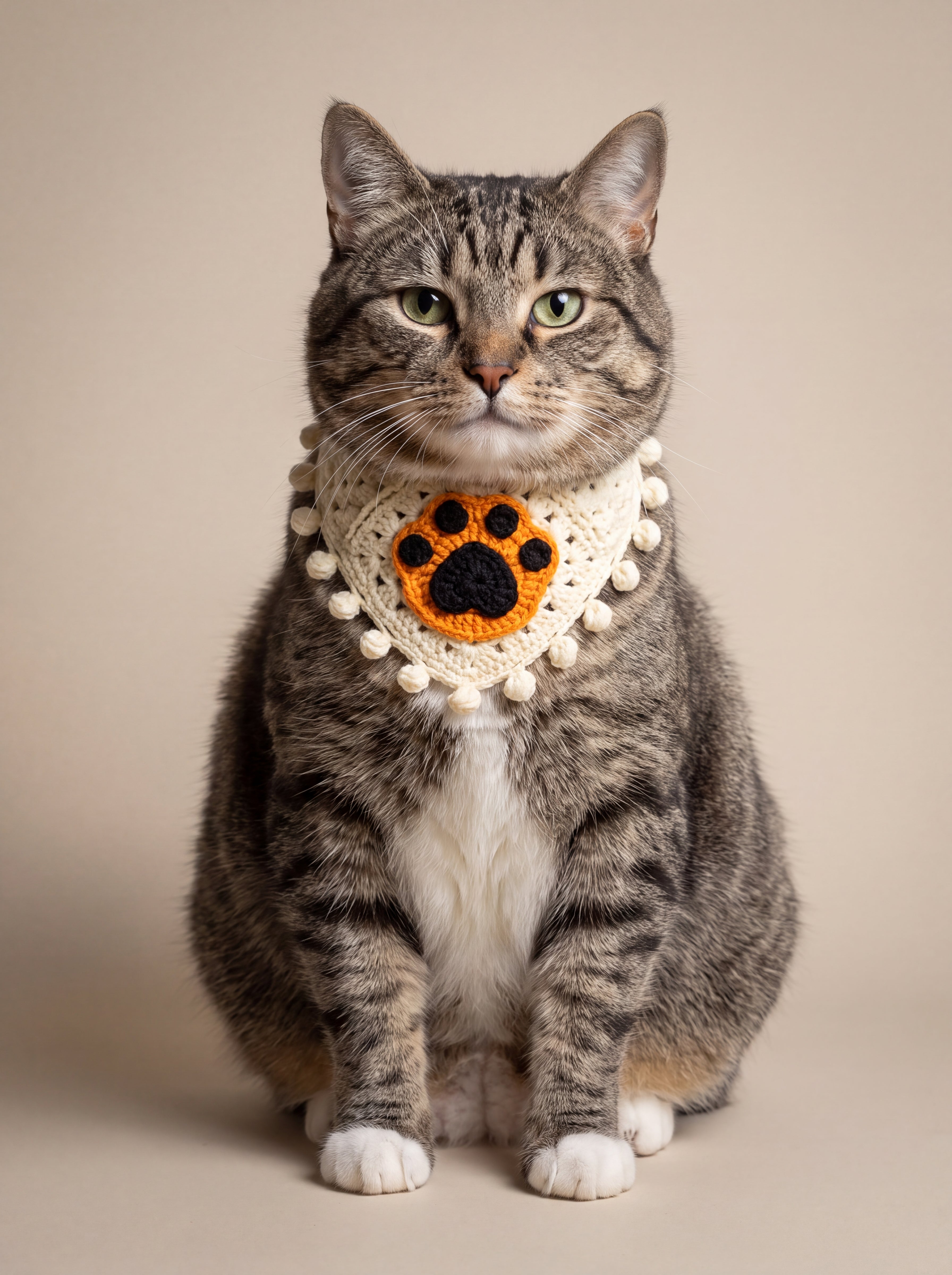 Tabby cat wearing the small cream crochet bandana with an orange paw-print patch — handmade by Ana Chic