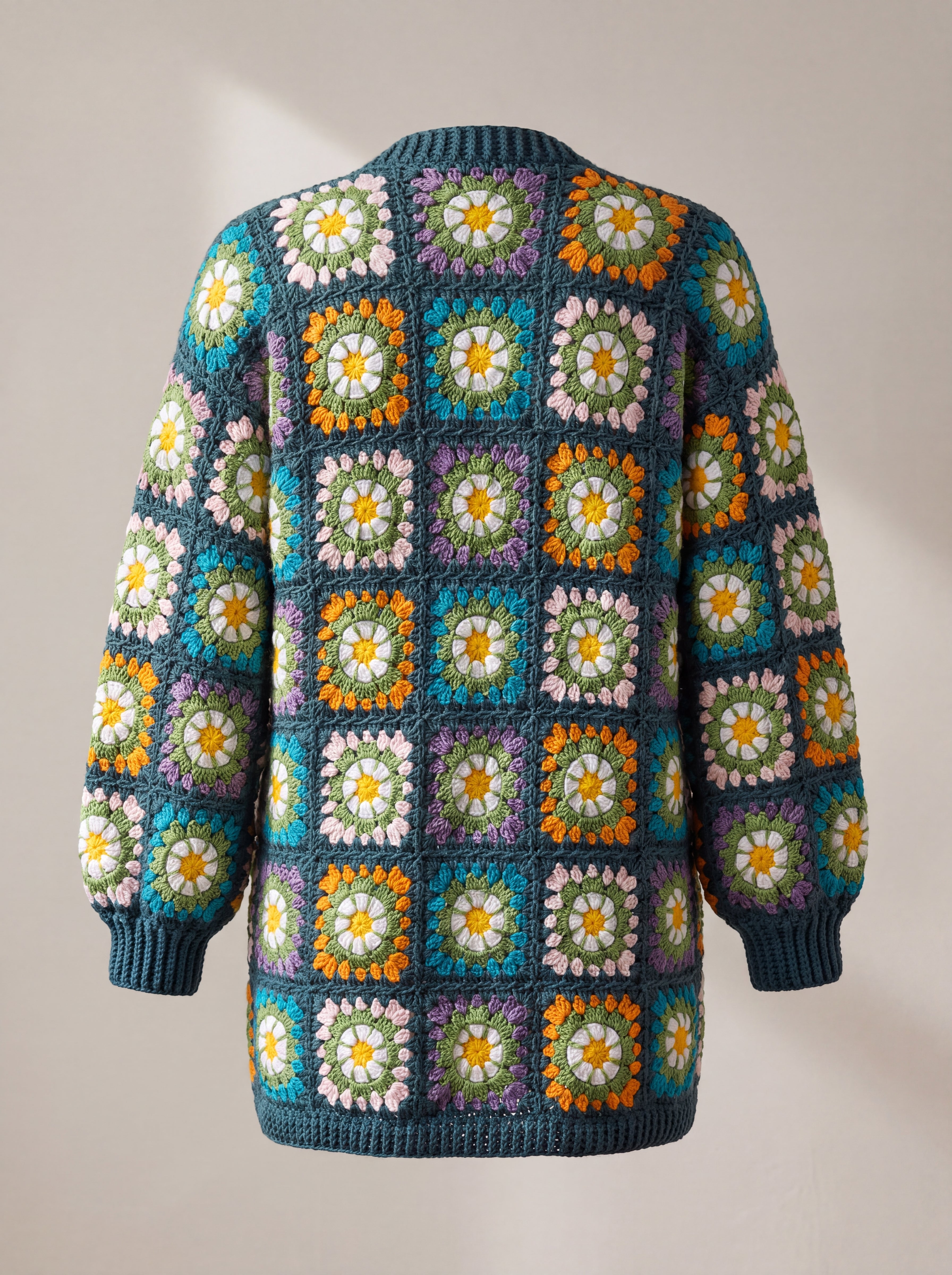 Back of the Daisy Balloon Sleeve Long Cardigan in teal, whole squares from neck to hem - handmade by Ana Chic