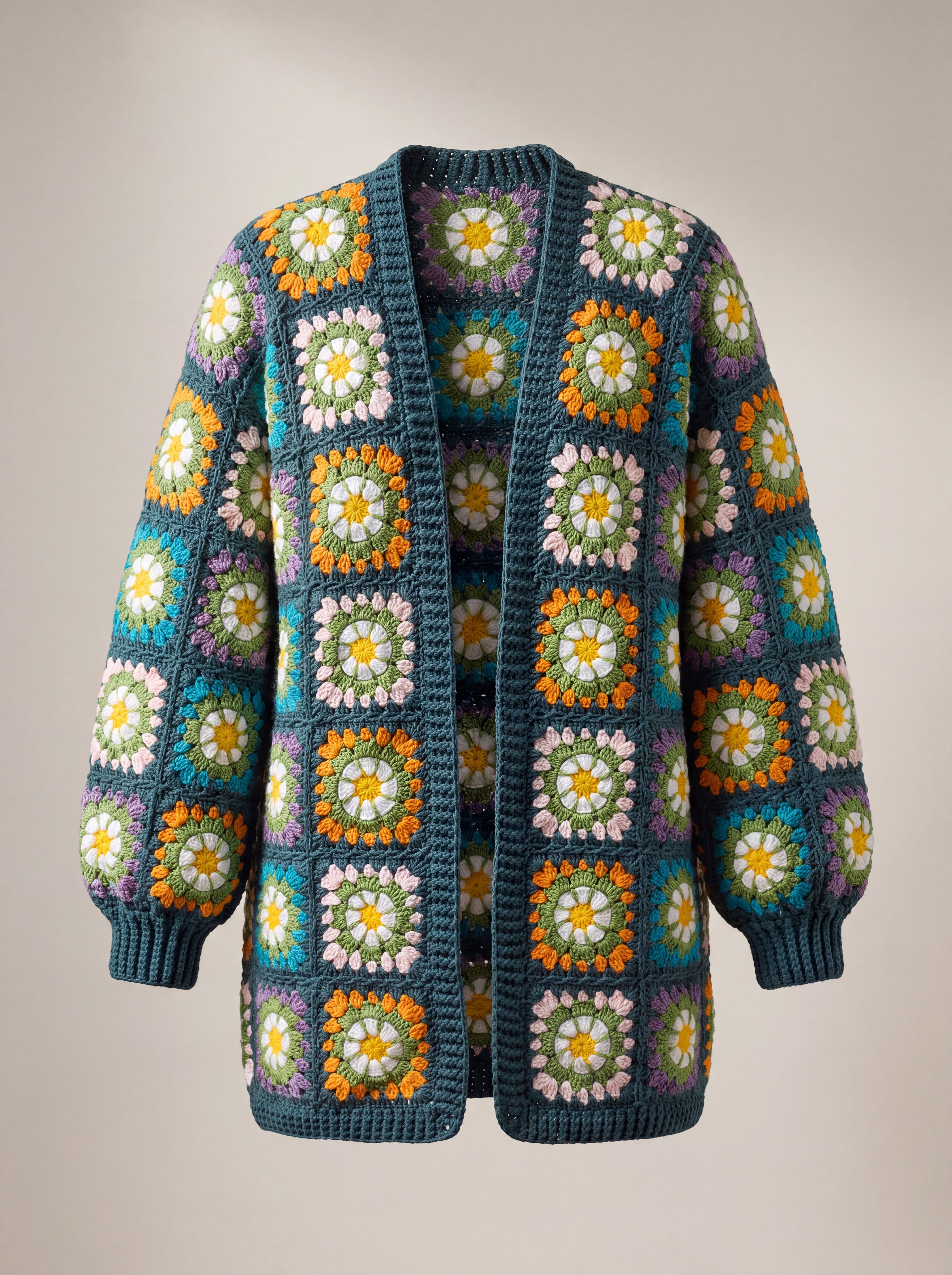 Front of the Daisy Balloon Sleeve Long Cardigan in teal, white daisy squares with yellow centres on deep teal - handmade by Ana Chic