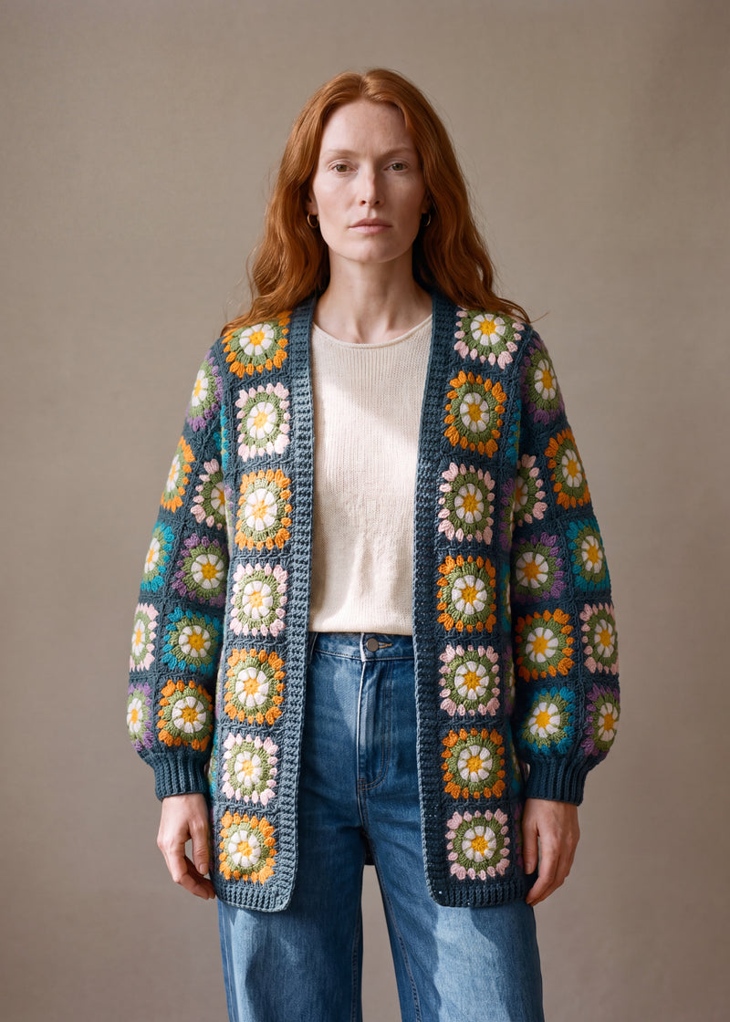 Daisy Balloon Sleeve Long Cardigan in teal worn open over a cream top with blue jeans, full sleeves gathered into ribbed cuffs - handmade by Ana Chic
