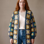 Daisy Balloon Sleeve Long Cardigan in teal worn open over a cream top with blue jeans, full sleeves gathered into ribbed cuffs - handmade by Ana Chic