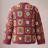 Back of the Mosaic Cardigan in burgundy and mustard, squares in mustard, sage, taupe and cream framed in burgundy - handmade by Ana Chic