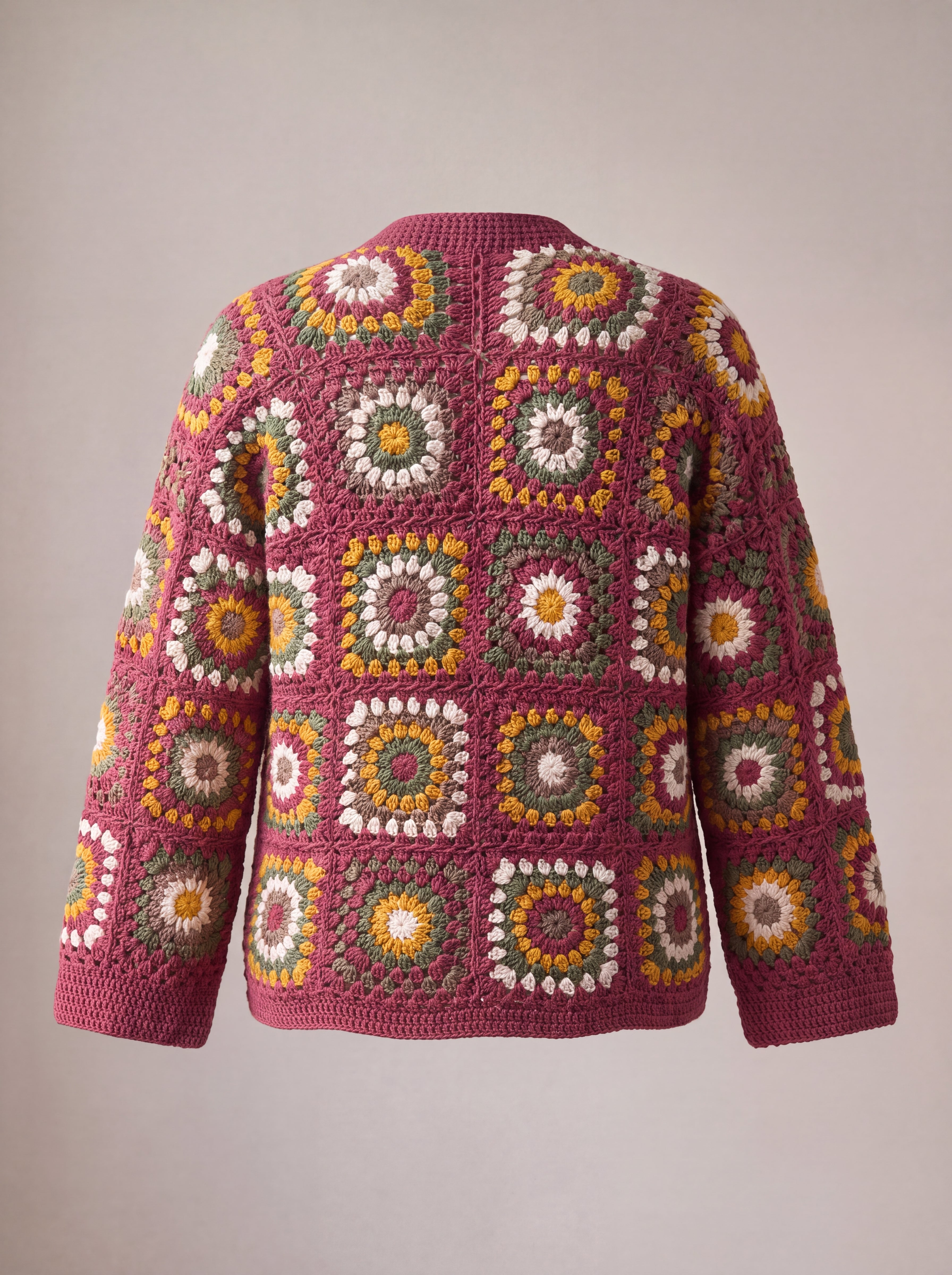 Back of the Mosaic Cardigan in burgundy and mustard, squares in mustard, sage, taupe and cream framed in burgundy - handmade by Ana Chic