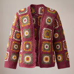 Front of the Mosaic Cardigan in burgundy and mustard, squares in mustard, sage, taupe and cream framed in burgundy - handmade by Ana Chic