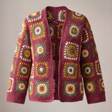 Front of the Mosaic Cardigan in burgundy and mustard, squares in mustard, sage, taupe and cream framed in burgundy - handmade by Ana Chic