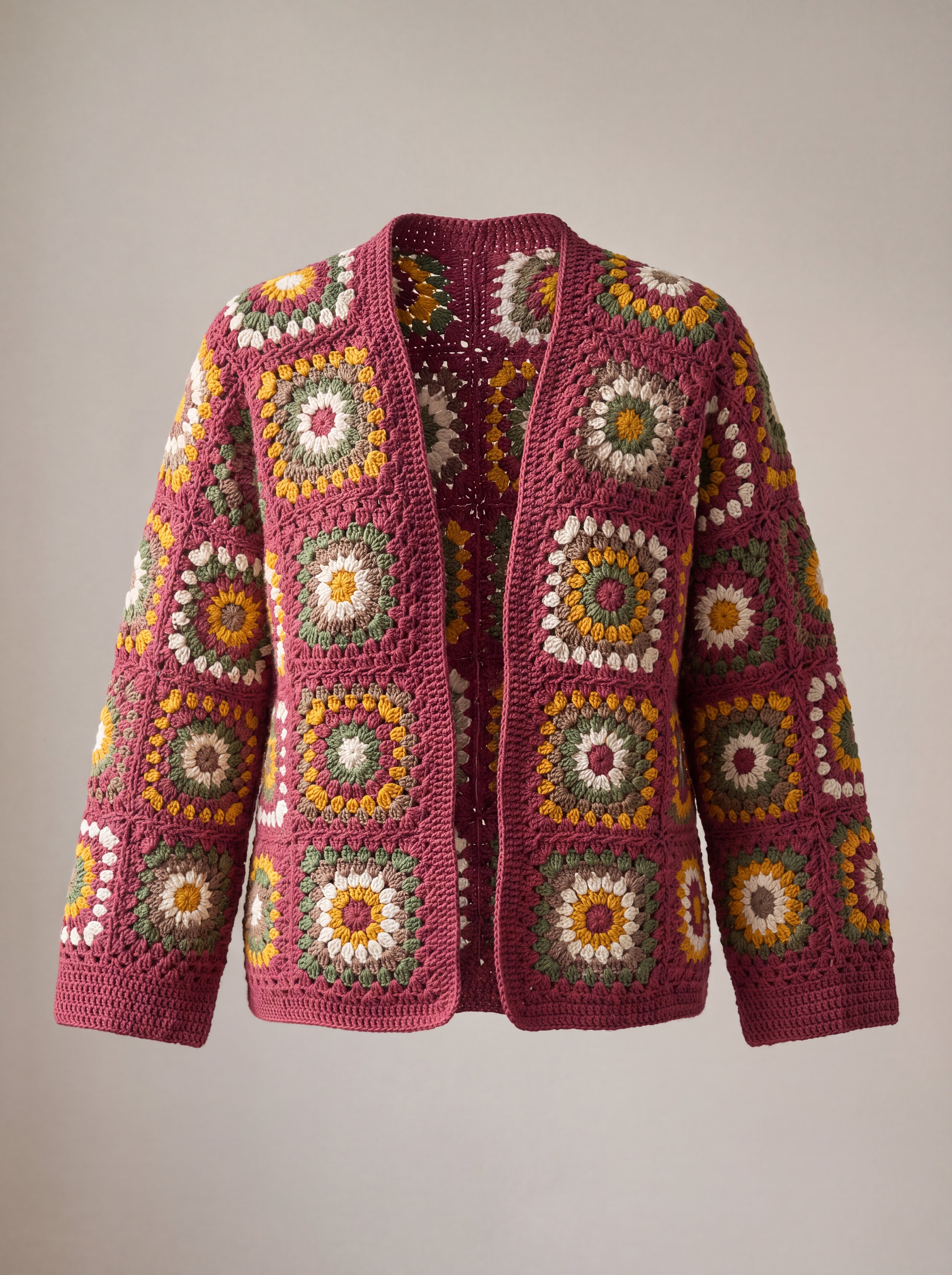 Front of the Mosaic Cardigan in burgundy and mustard, squares in mustard, sage, taupe and cream framed in burgundy - handmade by Ana Chic