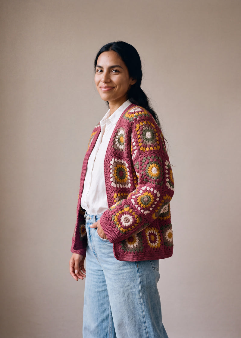 Mosaic Cardigan in burgundy and mustard worn open over a white linen shirt with jeans - handmade by Ana Chic
