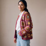 Mosaic Cardigan in burgundy and mustard worn open over a white linen shirt with jeans - handmade by Ana Chic