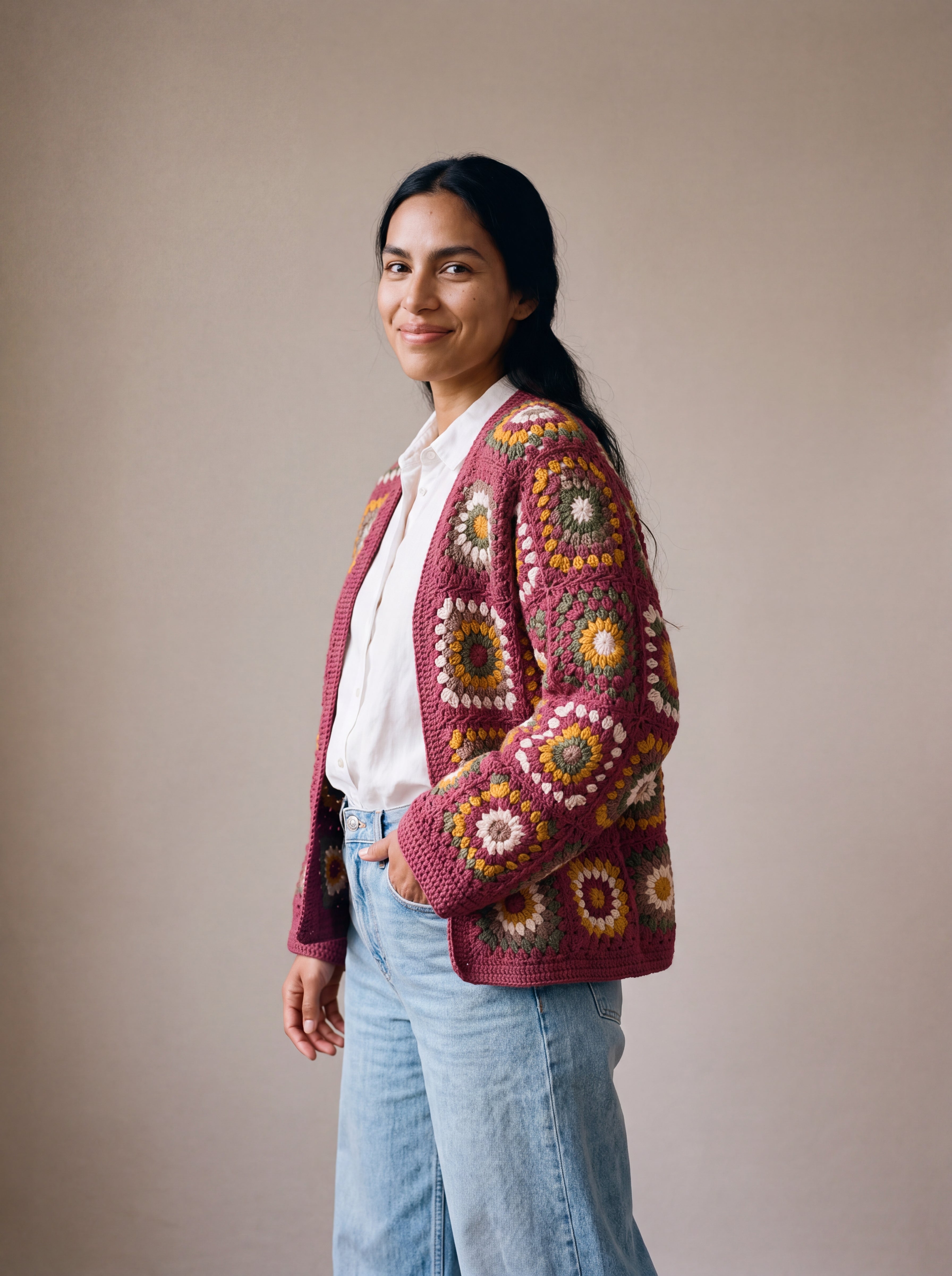 Mosaic Cardigan in burgundy and mustard worn open over a white linen shirt with jeans - handmade by Ana Chic