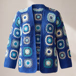 Front of the Mosaic Cardigan in cobalt and aqua, ringed puff-stitch squares in sea blues and cream on cobalt - handmade by Ana Chic