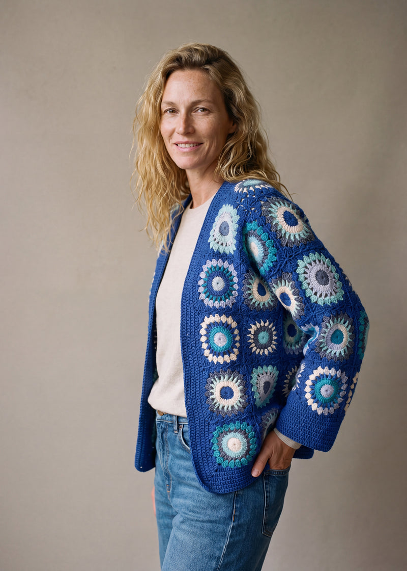 Mosaic Cardigan in cobalt and aqua worn open over an oatmeal fine-knit jumper with jeans - handmade by Ana Chic