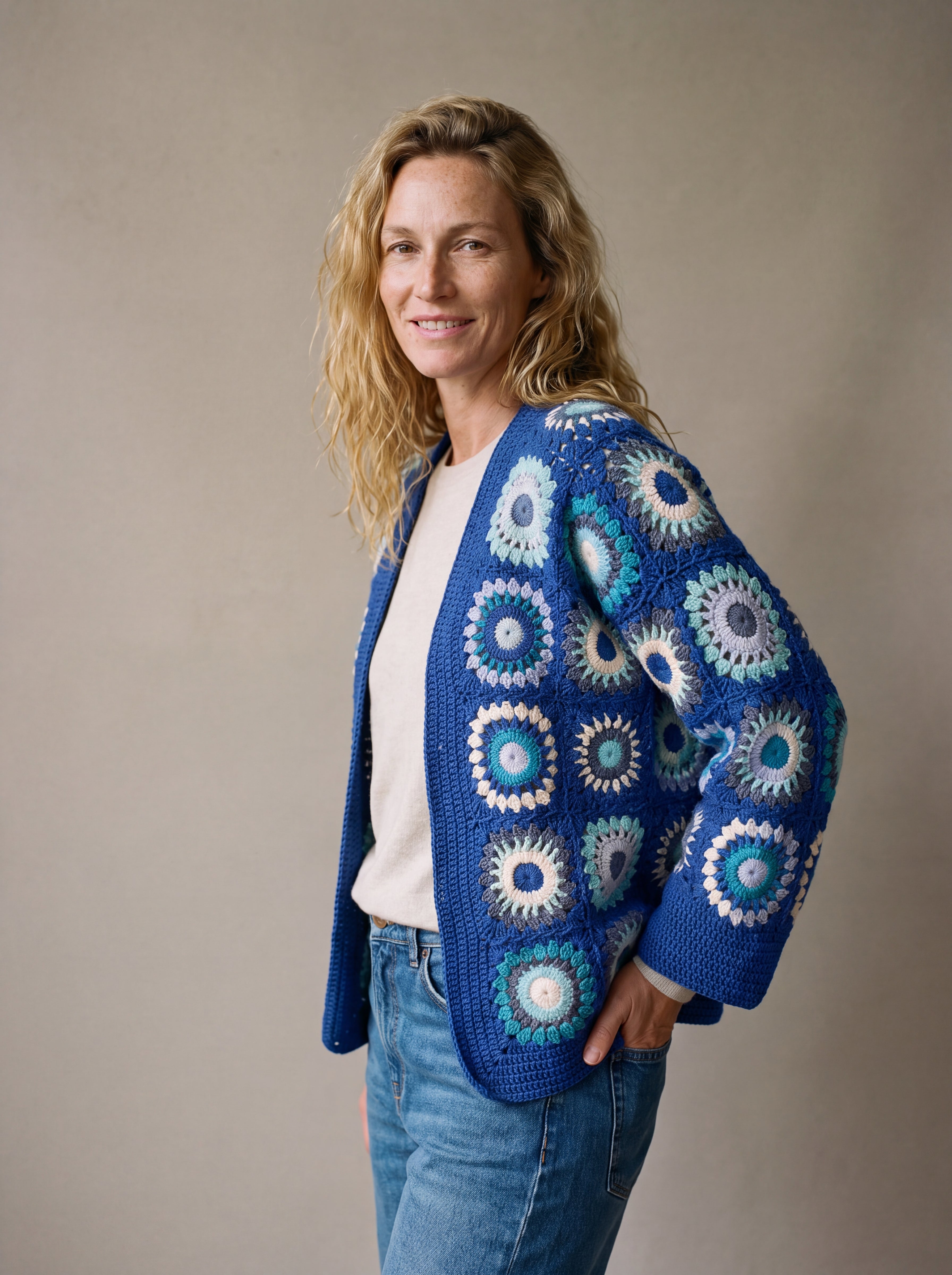 Mosaic Cardigan in cobalt and aqua worn open over an oatmeal fine-knit jumper with jeans - handmade by Ana Chic