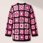 Back of the Long Cardigan in black and pink, whole squares from neck to hem - handmade by Ana Chic