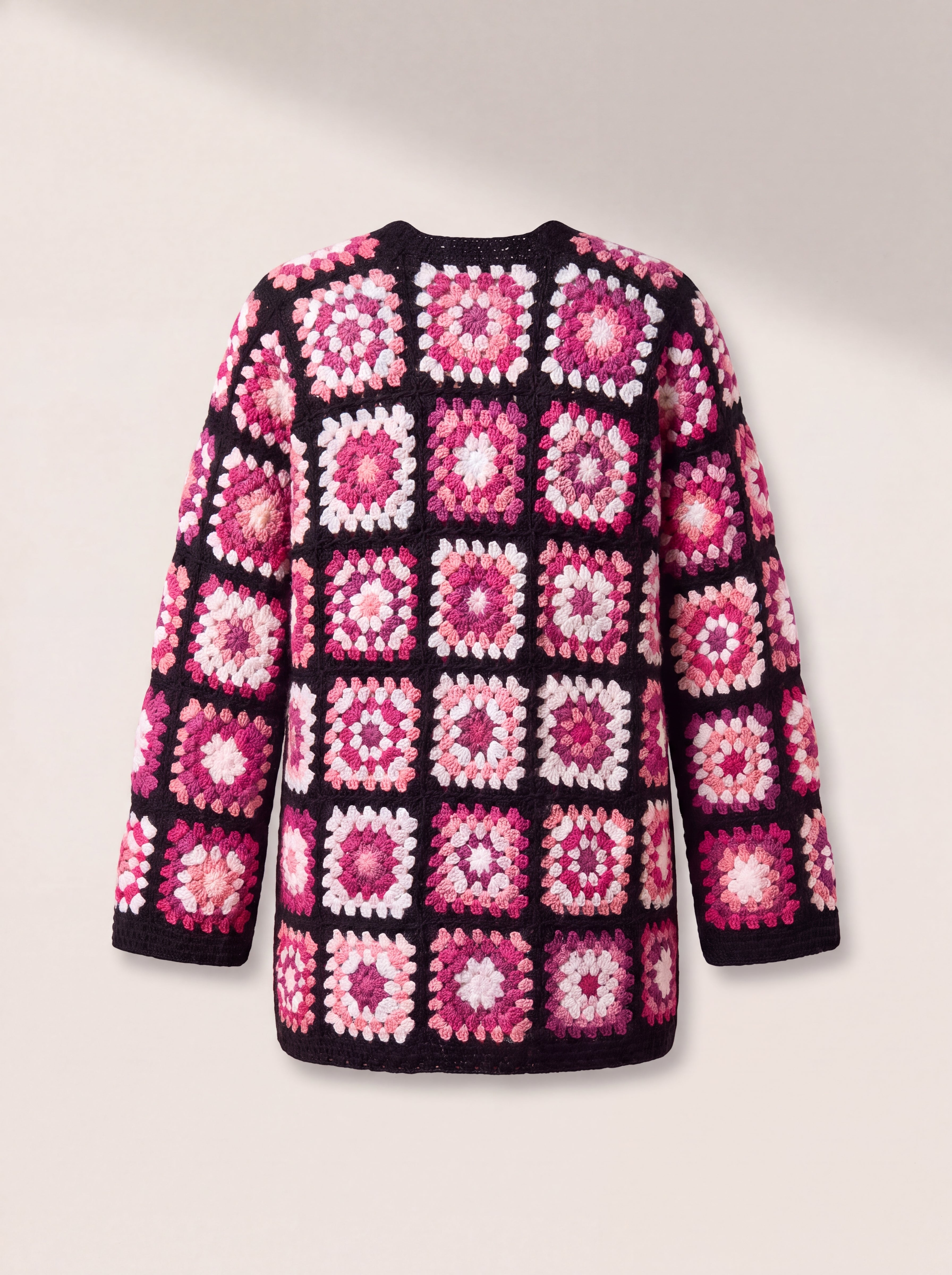 Back of the Long Cardigan in black and pink, whole squares from neck to hem - handmade by Ana Chic
