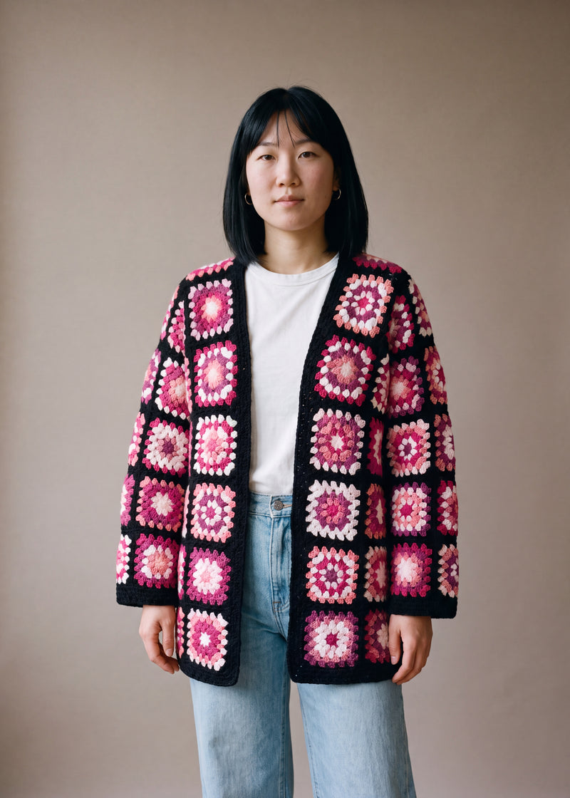 Long Cardigan in black and pink worn open over a white tee with light-wash wide-leg jeans - handmade by Ana Chic