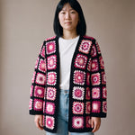 Long Cardigan in black and pink worn open over a white tee with light-wash wide-leg jeans - handmade by Ana Chic