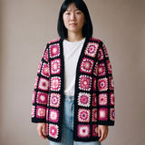 Long Cardigan in black and pink worn open over a white tee with light-wash wide-leg jeans - handmade by Ana Chic