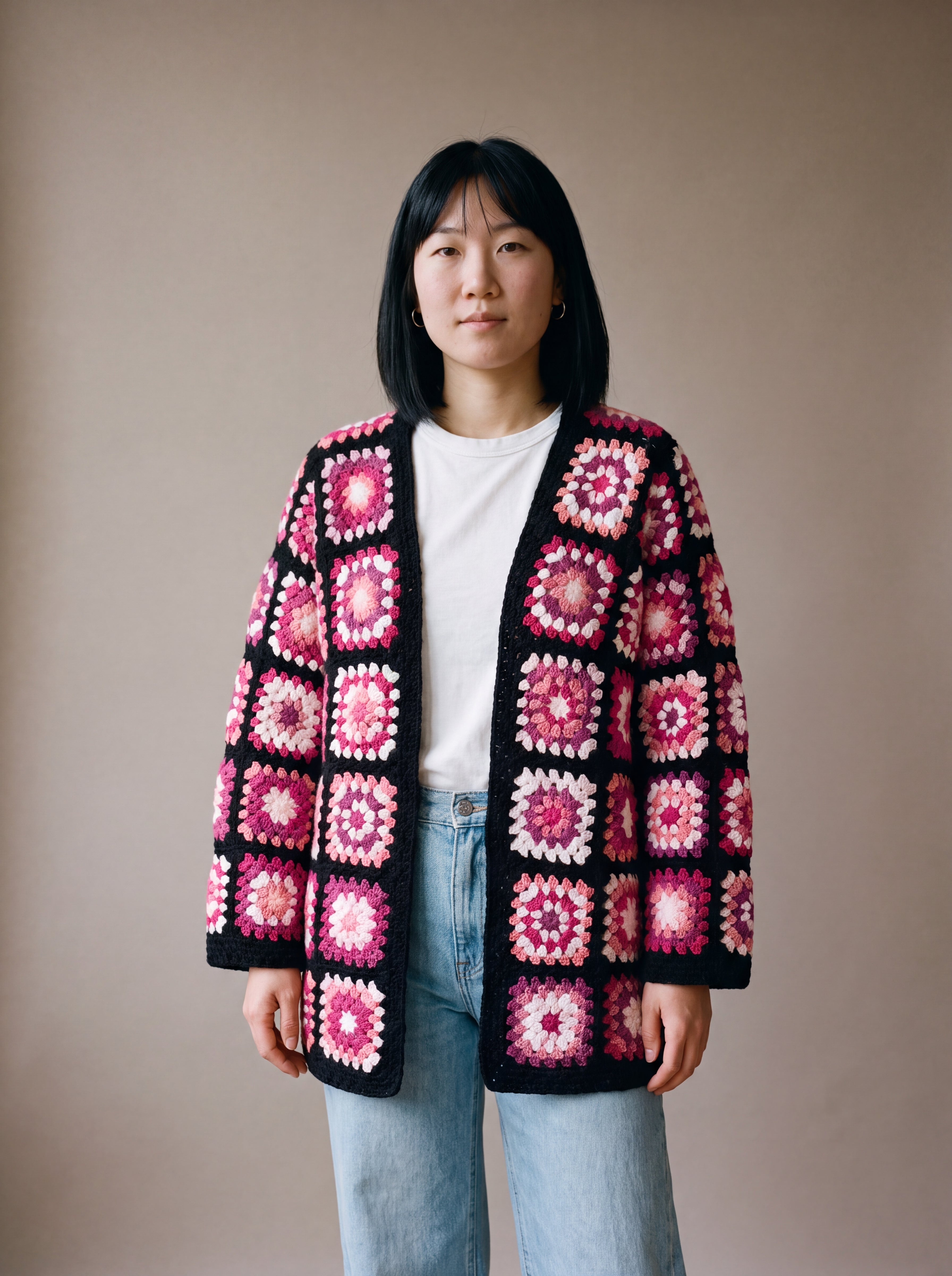 Long Cardigan in black and pink worn open over a white tee with light-wash wide-leg jeans - handmade by Ana Chic