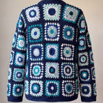 Back of the Long Cardigan in navy and turquoise, whole squares from neck to hem - handmade by Ana Chic