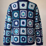 Back of the Long Cardigan in navy and turquoise, whole squares from neck to hem - handmade by Ana Chic