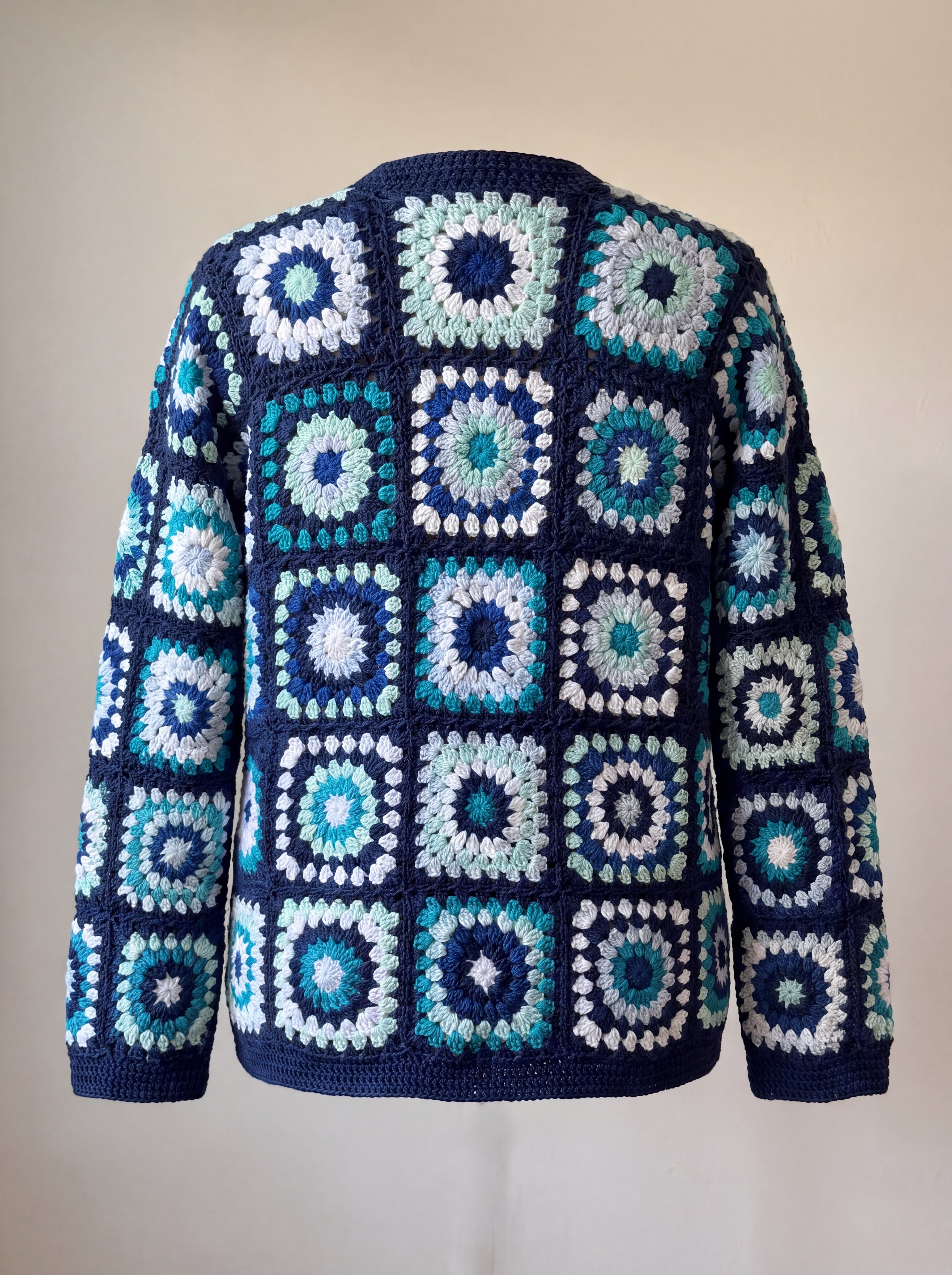Back of the Long Cardigan in navy and turquoise, whole squares from neck to hem - handmade by Ana Chic
