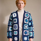 Long Cardigan in navy and turquoise worn open over an ecru roll-neck with ecru barrel jeans - handmade by Ana Chic
