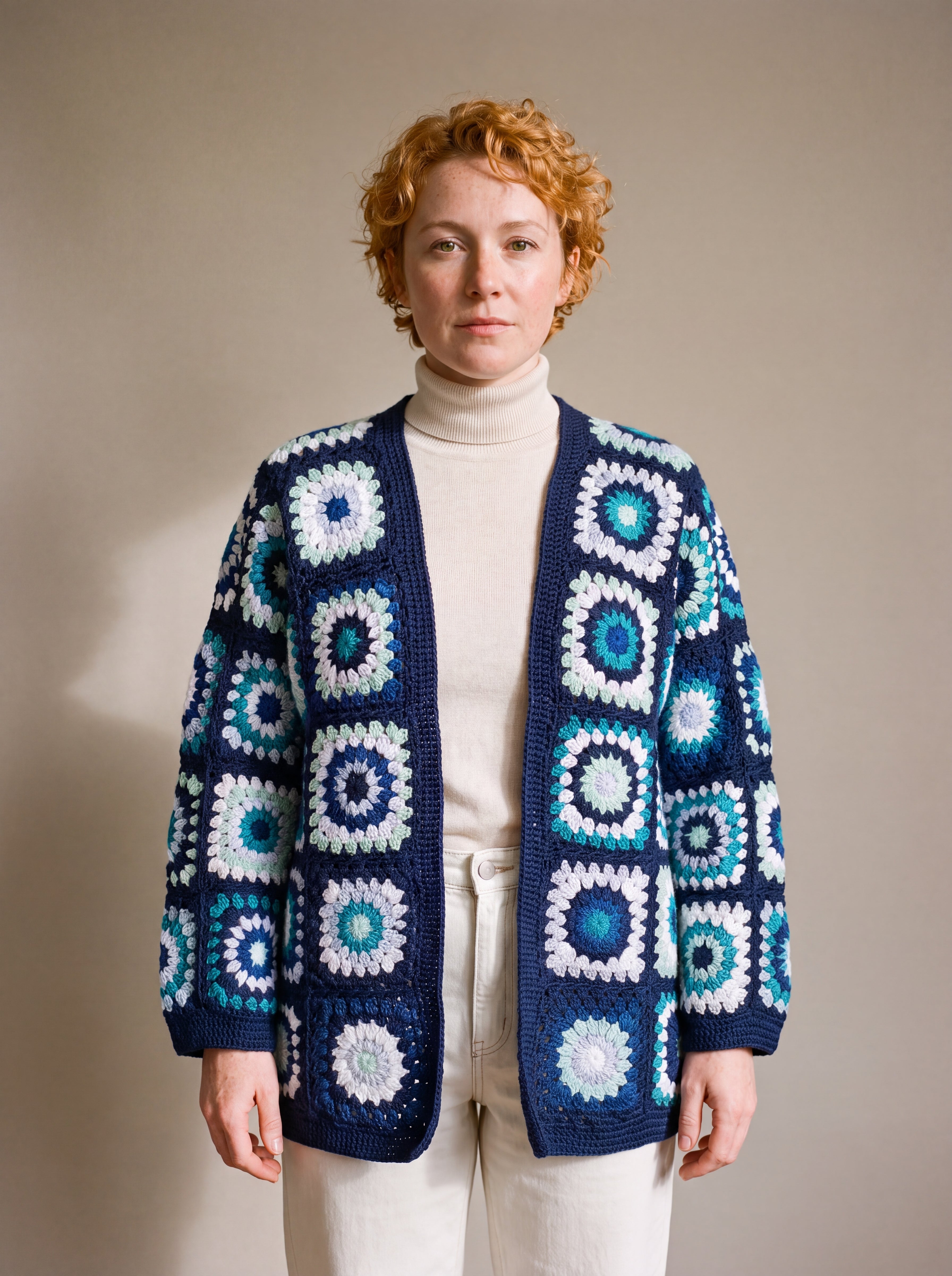 Long Cardigan in navy and turquoise worn open over an ecru roll-neck with ecru barrel jeans - handmade by Ana Chic