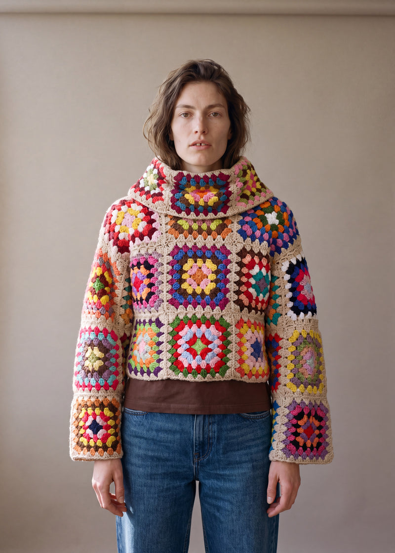 Patchwork Crochet Sweater in Beige - oatmeal and multicolour handmade crochet granny square jumper worn with denim