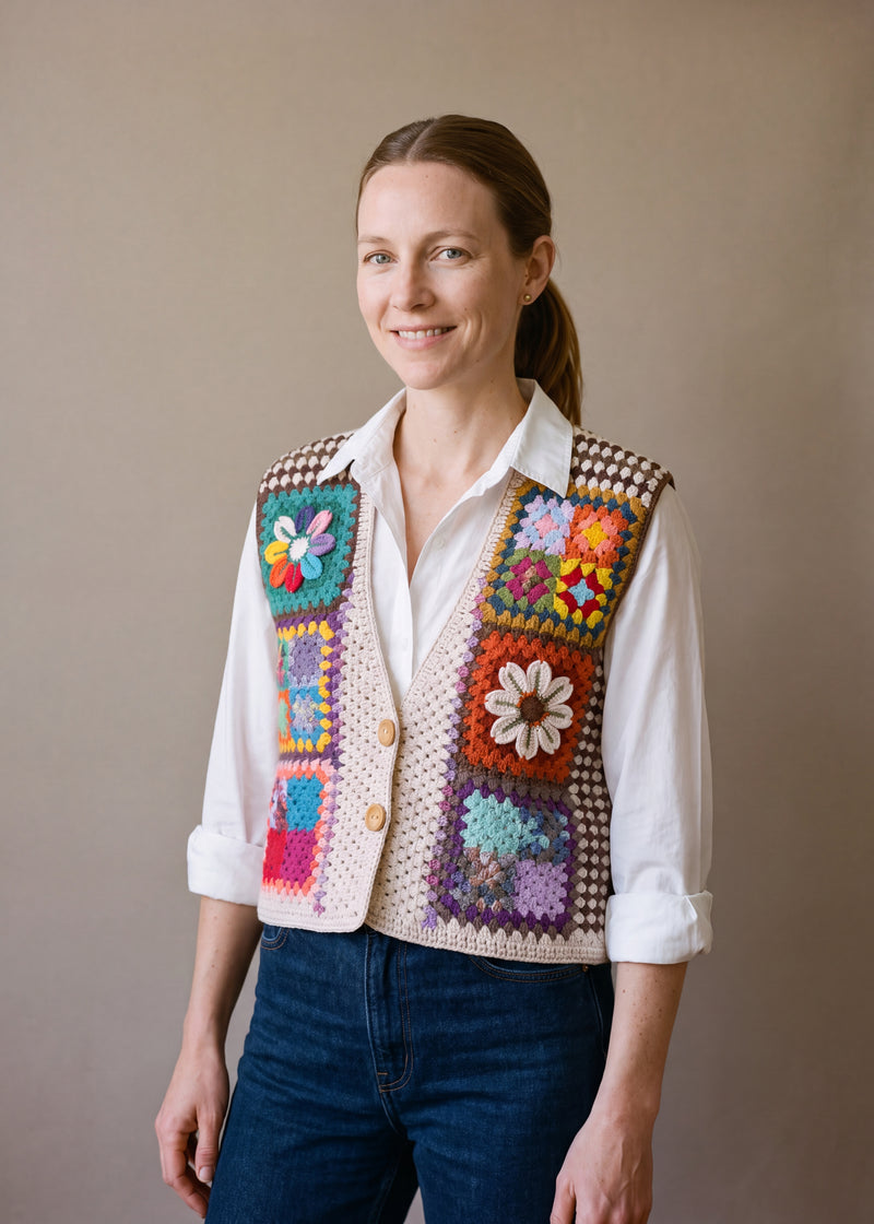 Woman wearing the Patchwork Vest, a handmade granny square crochet vest, over a white shirt and dark jeans