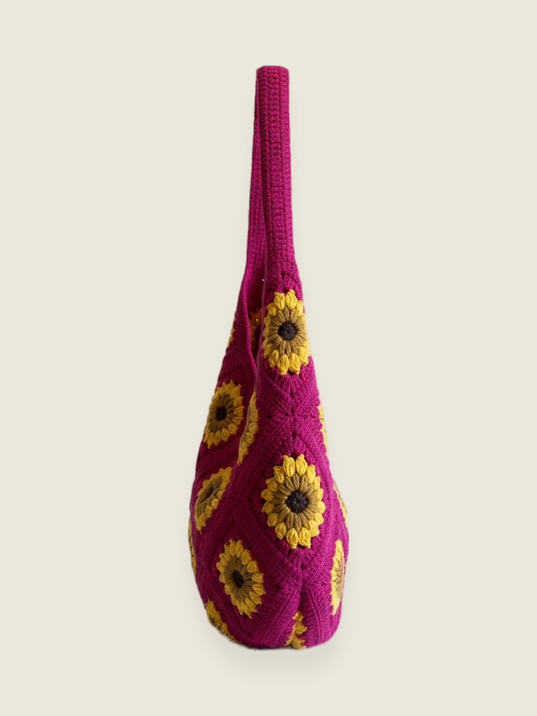 Pink Sunflower Bag — handmade organic cotton crochet bag by Ana Chic, styled view