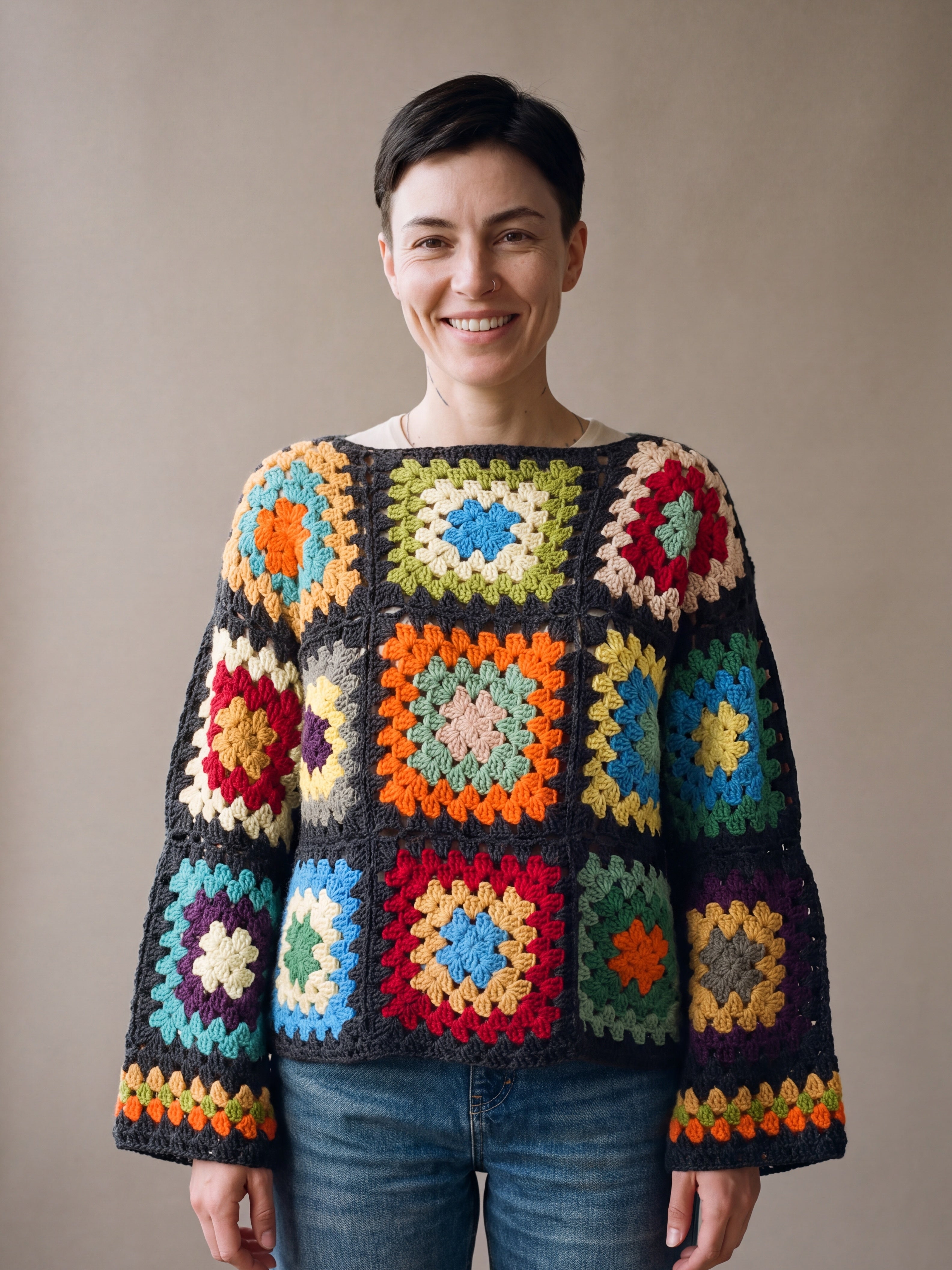 Woman wearing the Retroa jumper, a handmade crochet granny-square jumper in bright colours joined in charcoal, with boat neckline and wide sleeves, styled with blue jeans