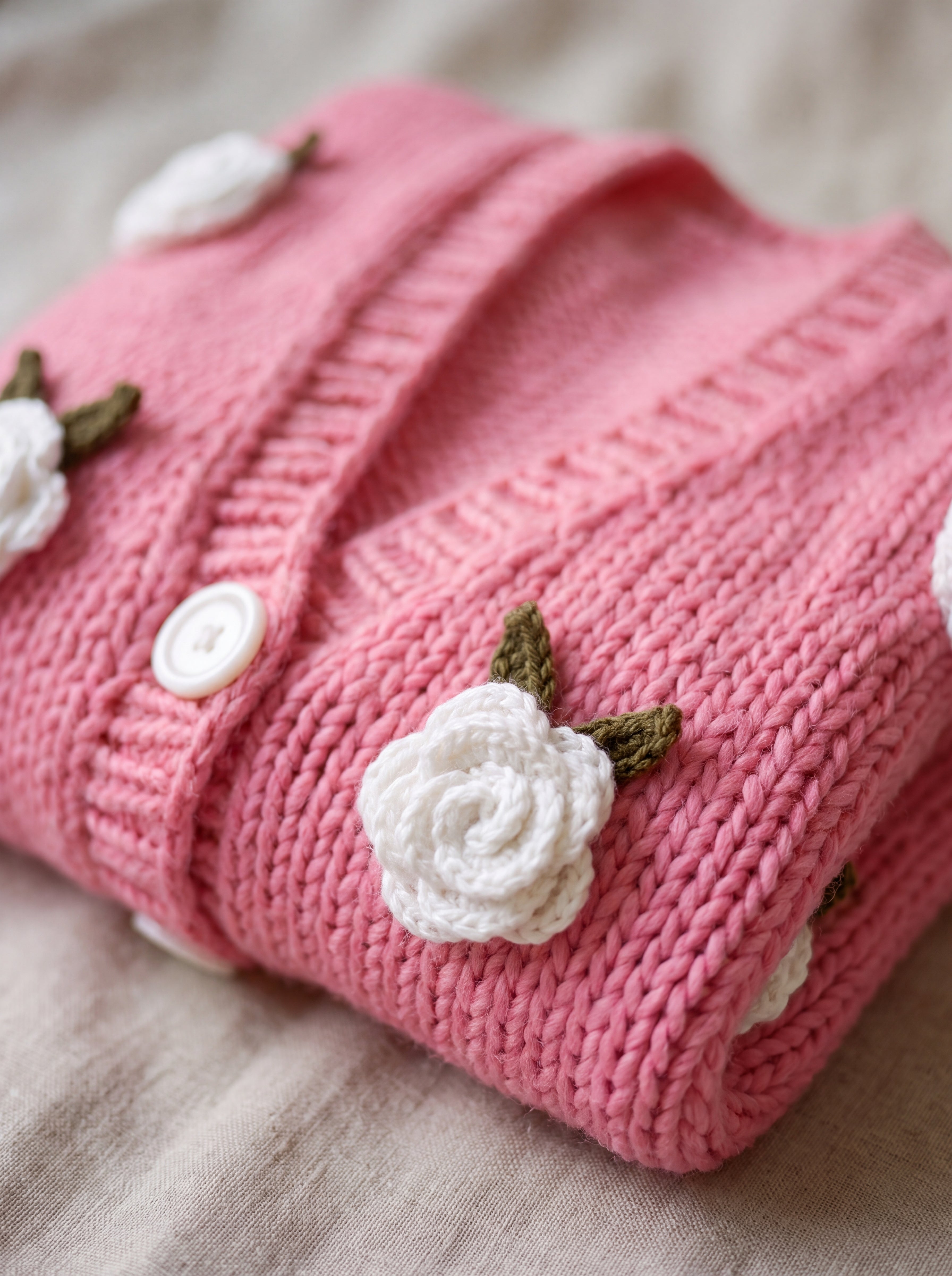Detail of the Rose Bubblegum cardigan — a crocheted white rose with green leaves and a white button on bubblegum pink chunky hand-knitted wool, handmade by Ana Chic
