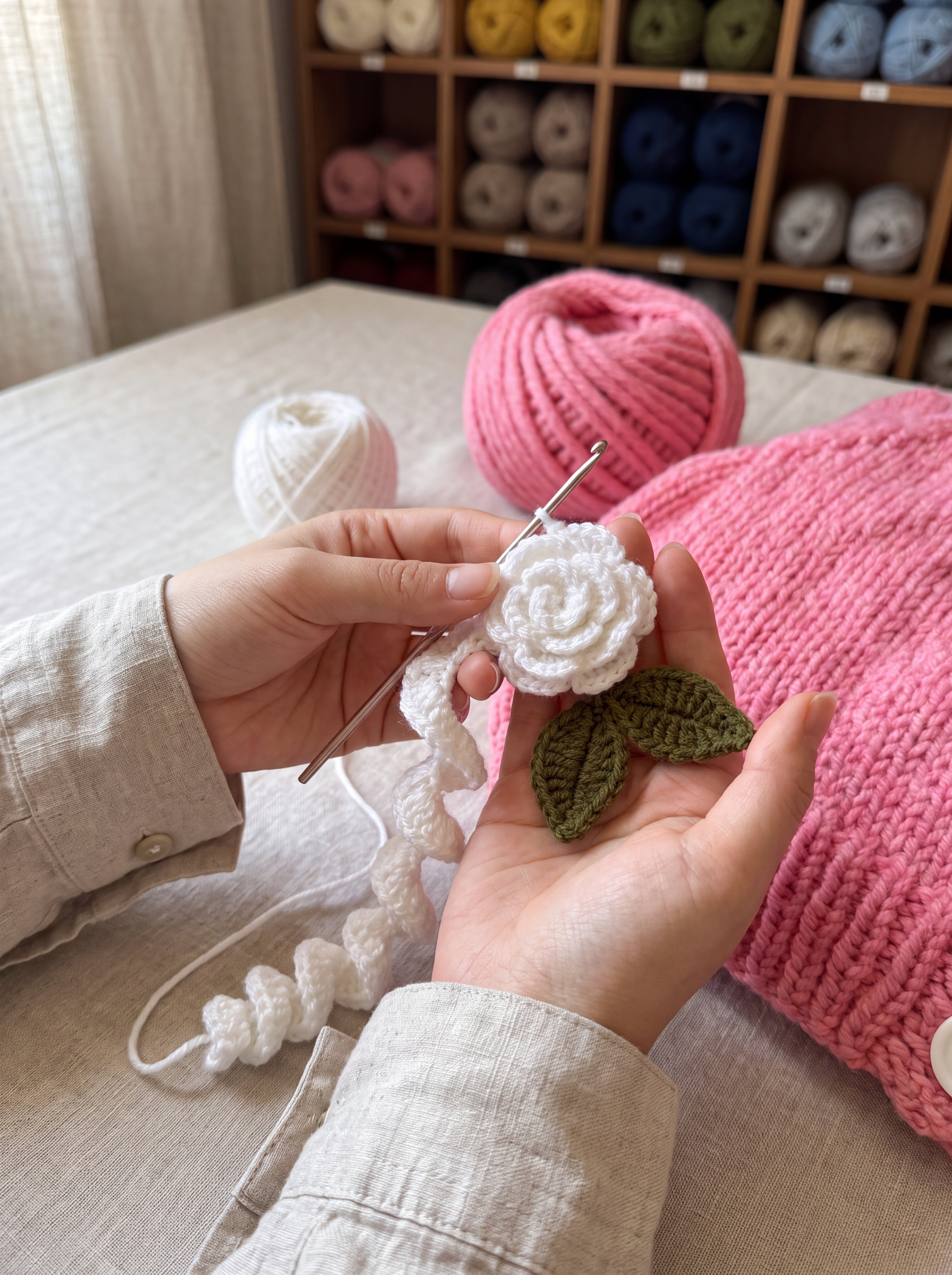 Hands coiling a crocheted white rose for the Rose Bubblegum cardigan in the atelier — handmade by Ana Chic