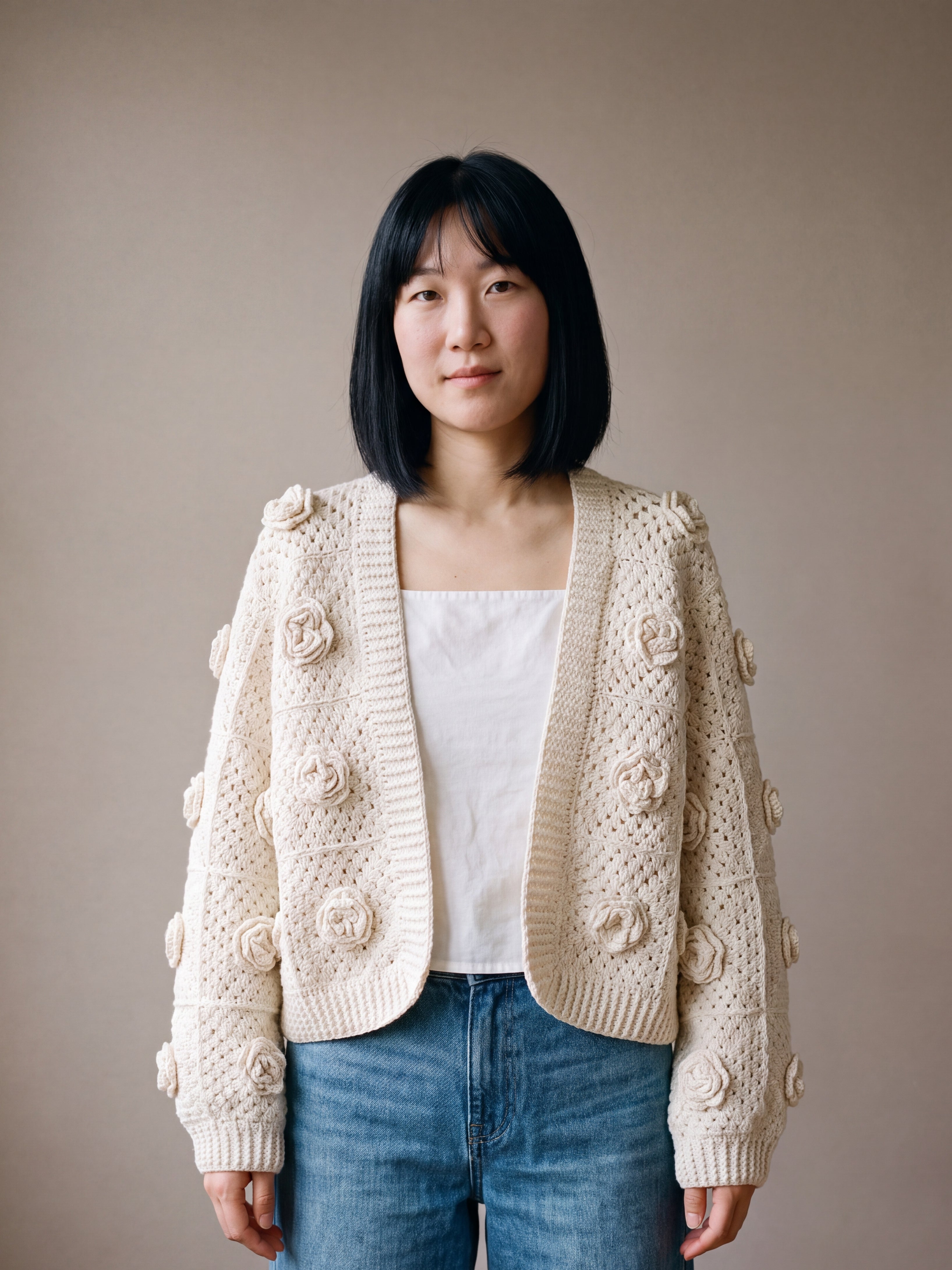 Woman wearing the ecru crochet rose cardigan open over a white camisole and blue jeans — handmade by Ana Chic