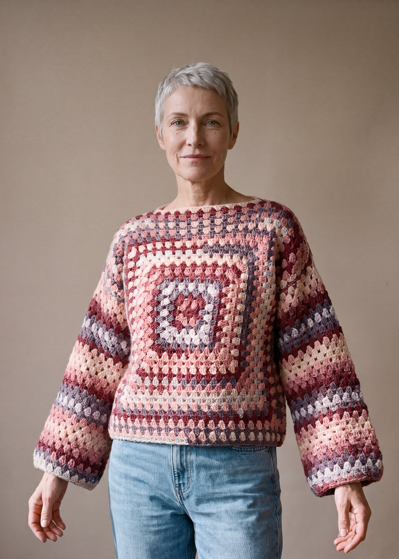 Rose Chunky Wool Jumper worn by a model, showing the wide sleeves and relaxed fit — handmade by Ana Chic