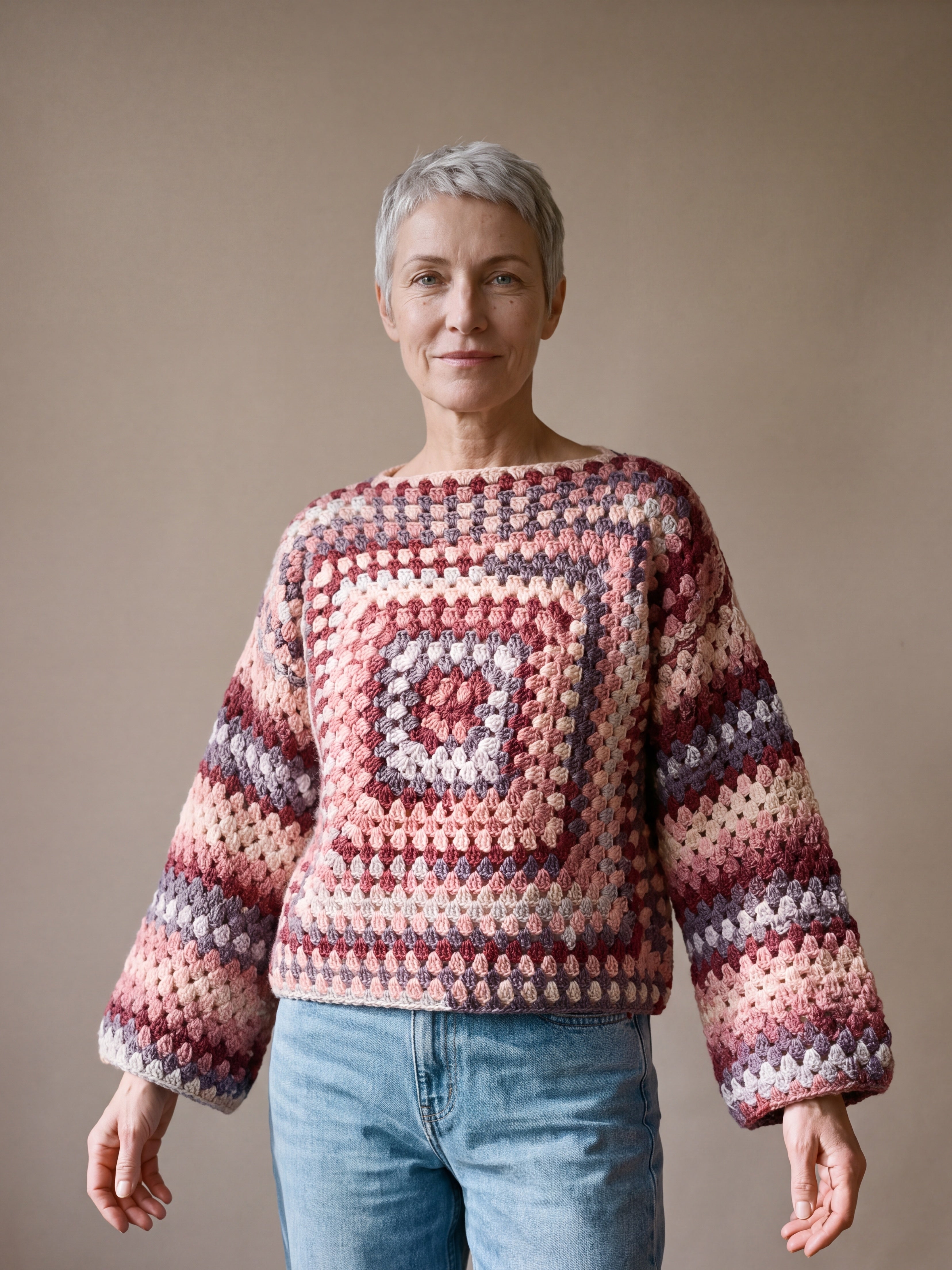 Rose Chunky Wool Jumper worn by a model, showing the wide sleeves and relaxed fit — handmade by Ana Chic