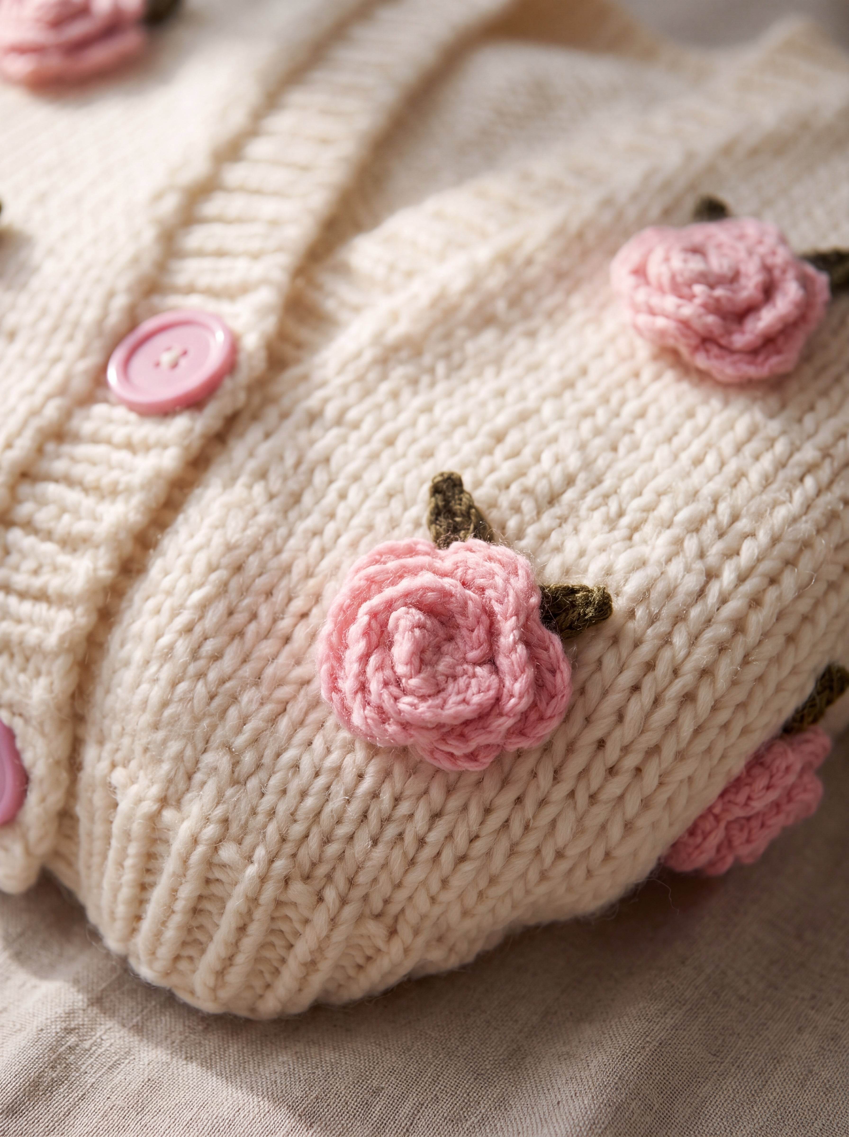 Detail of the Rose Cream cardigan — a crocheted pink rose with green leaves and a pink button on cream chunky hand-knitted wool, handmade by Ana Chic