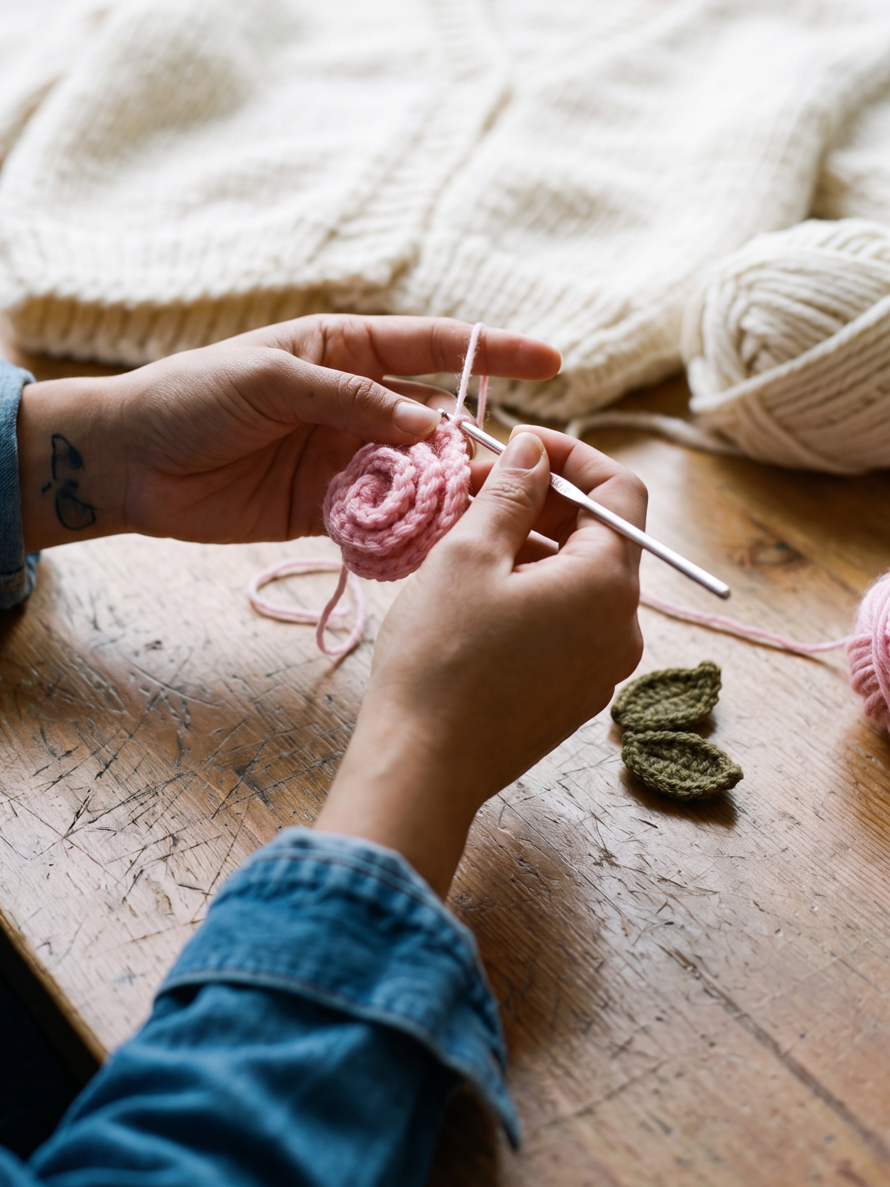 Hands crocheting a pink rose for the Rose Cream cardigan in the atelier — handmade by Ana Chic