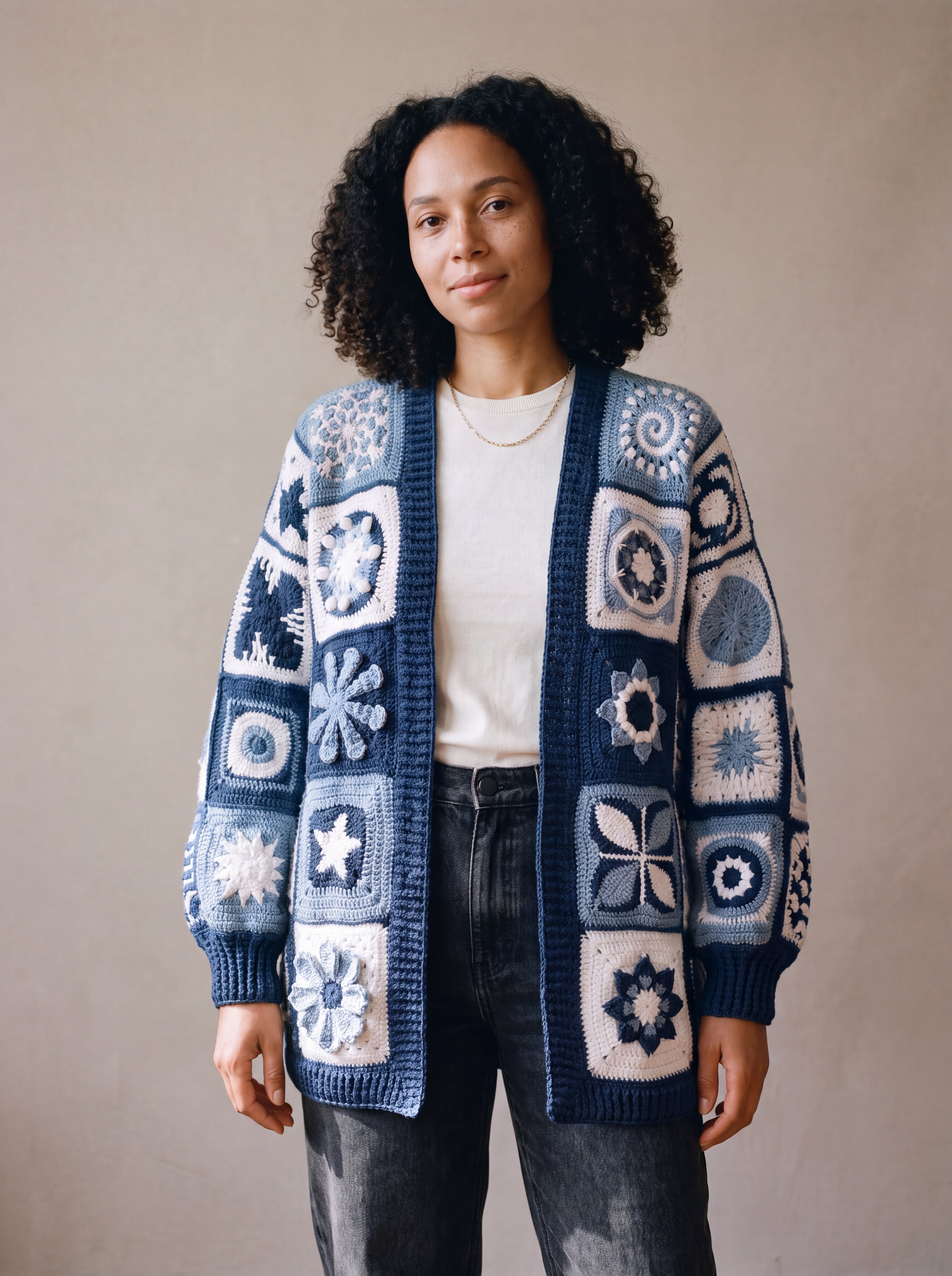 Woman wearing the Sampler Long Cardigan open over a white t-shirt and black jeans, hand-crocheted granny squares in navy, blue and white