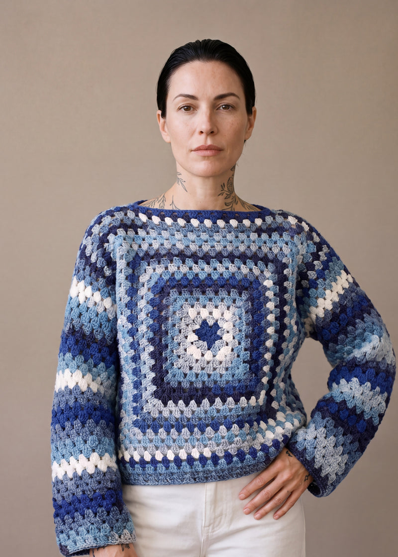 Sky Chunky Wool Jumper worn by a model, showing the wide sleeves and relaxed fit — handmade by Ana Chic