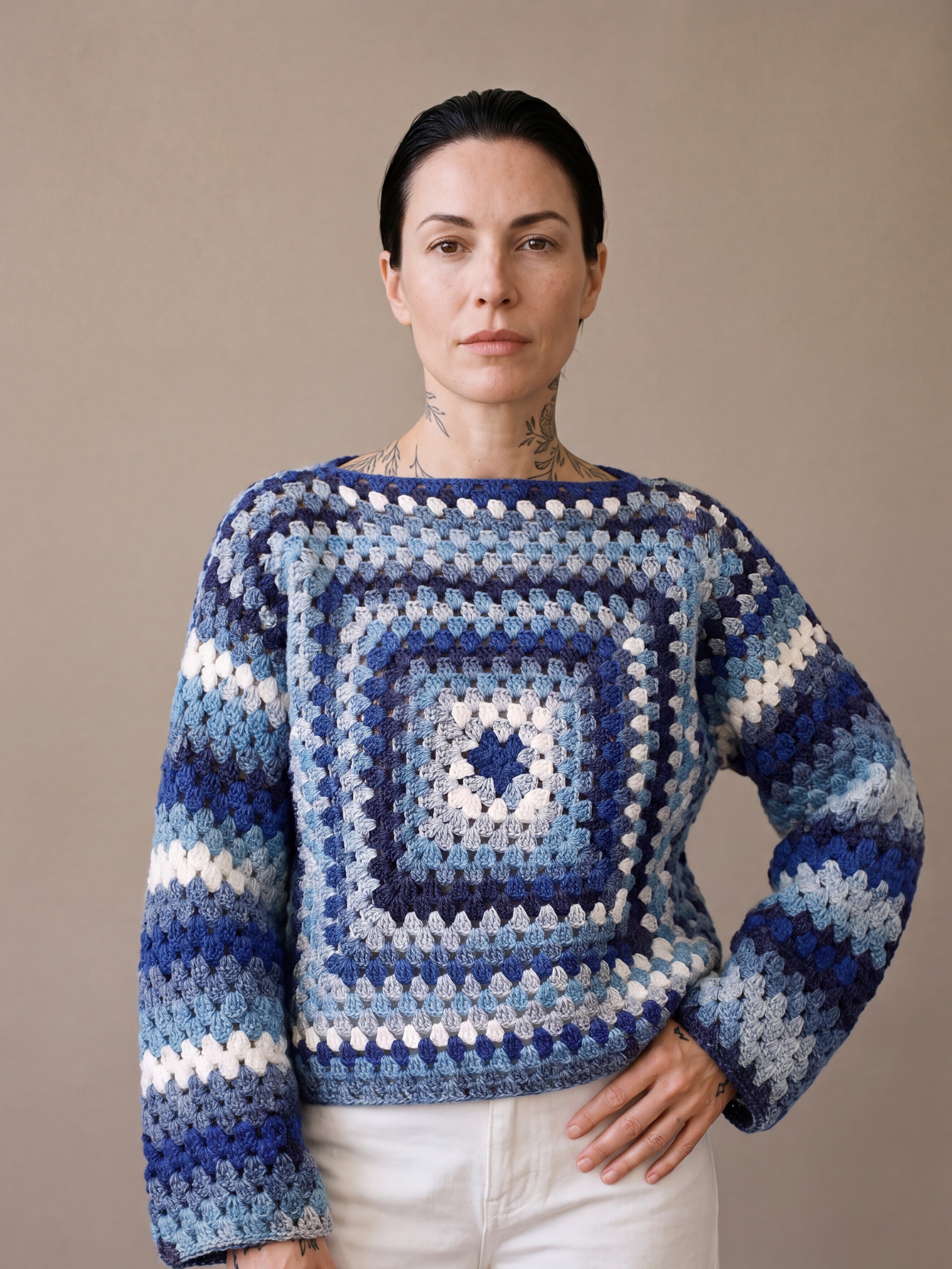 Sky Chunky Wool Jumper worn by a model, showing the wide sleeves and relaxed fit — handmade by Ana Chic