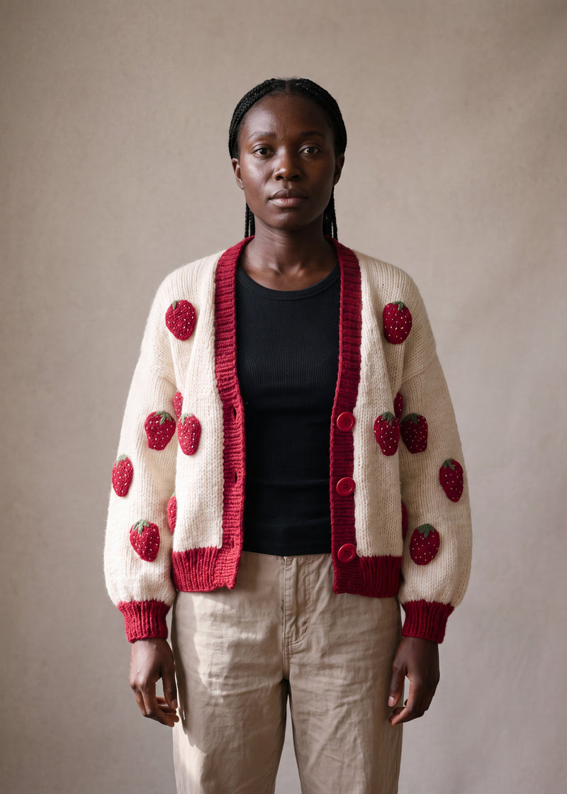 Strawberry White Cardigan worn open over a black tank - handmade by Ana Chic