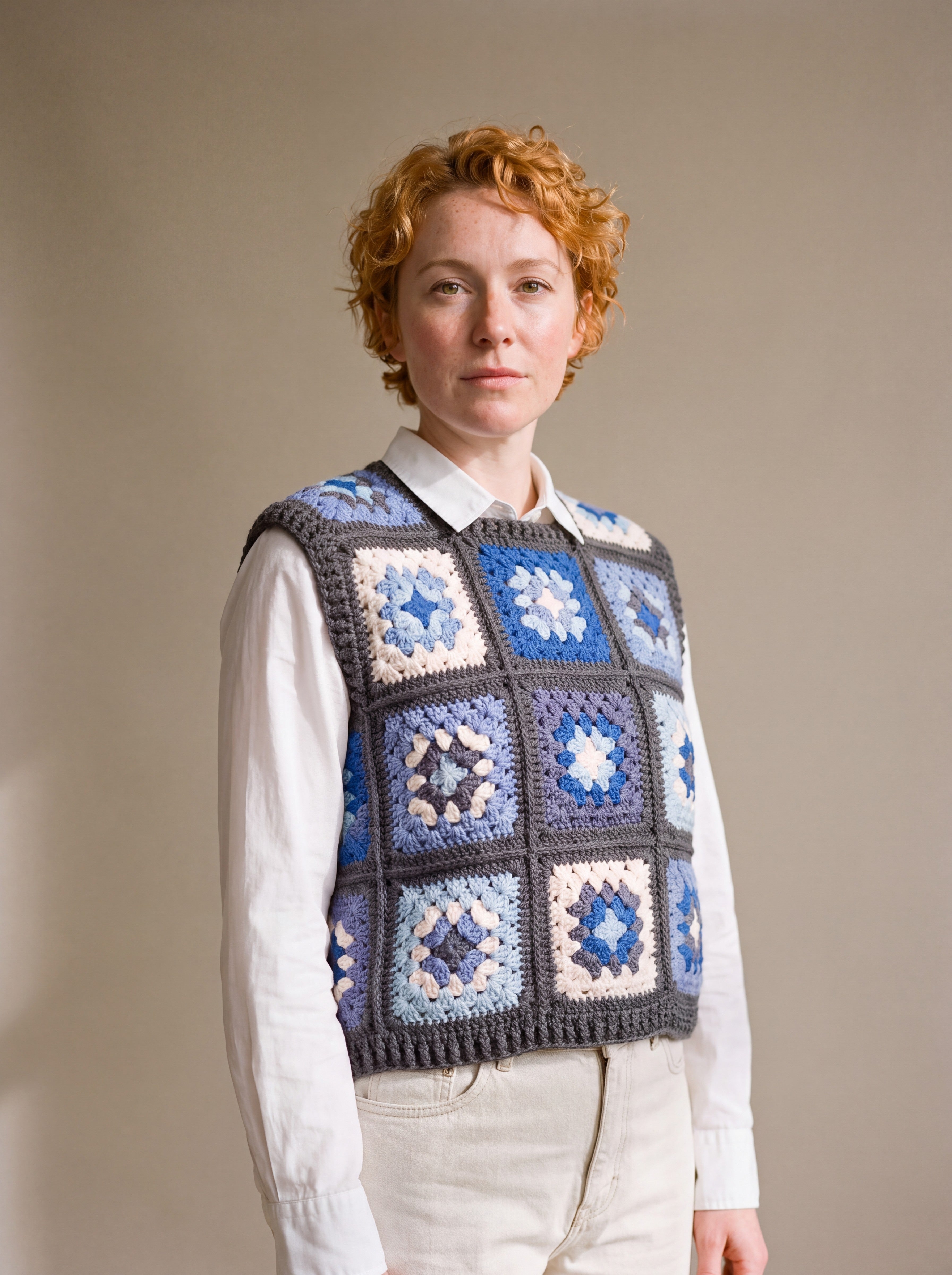 Blue granny square crochet vest worn over a white shirt