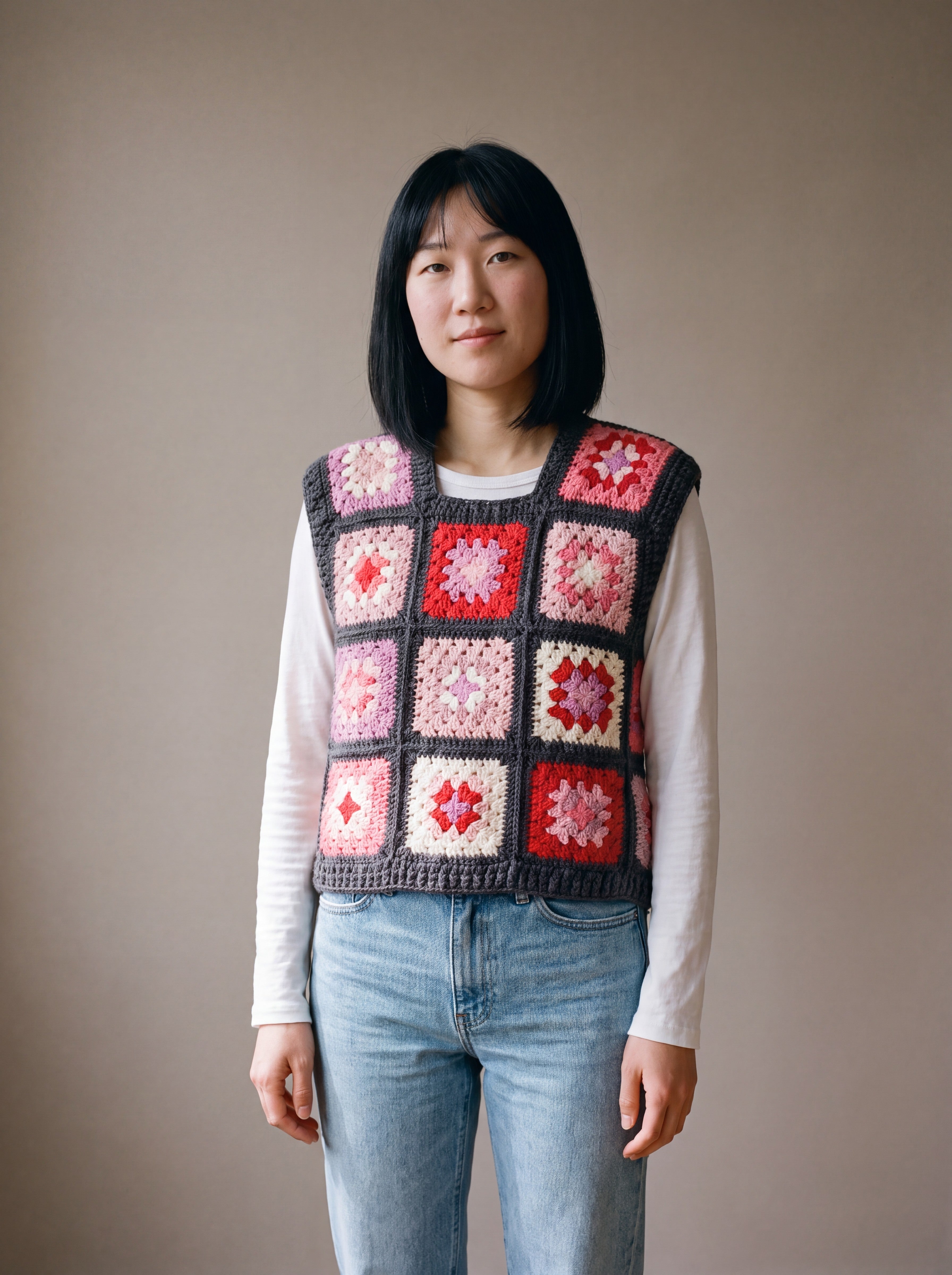 Rose granny square crochet vest worn over a white long-sleeve tee