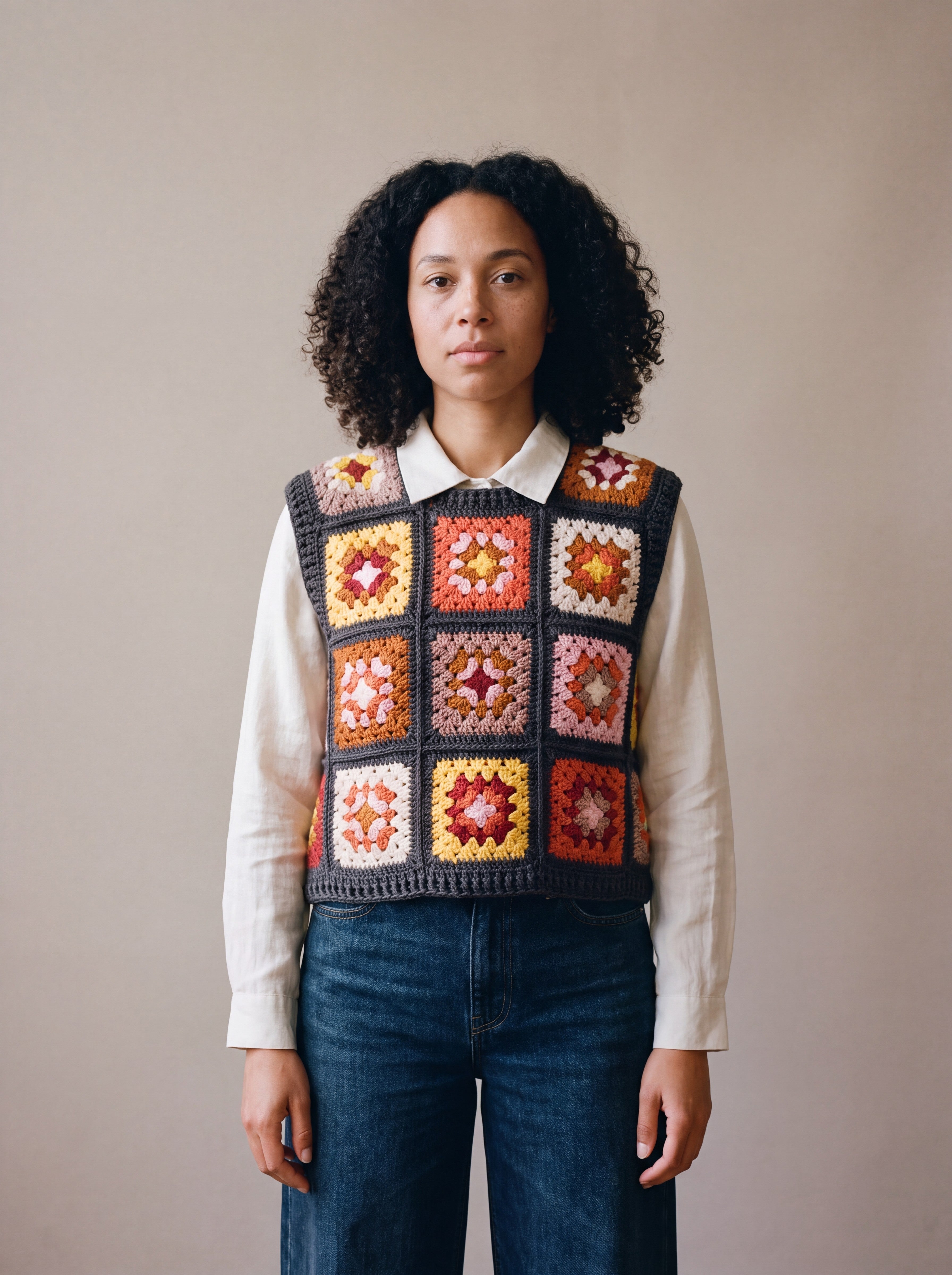 Terracotta granny square crochet vest worn over an ecru linen shirt