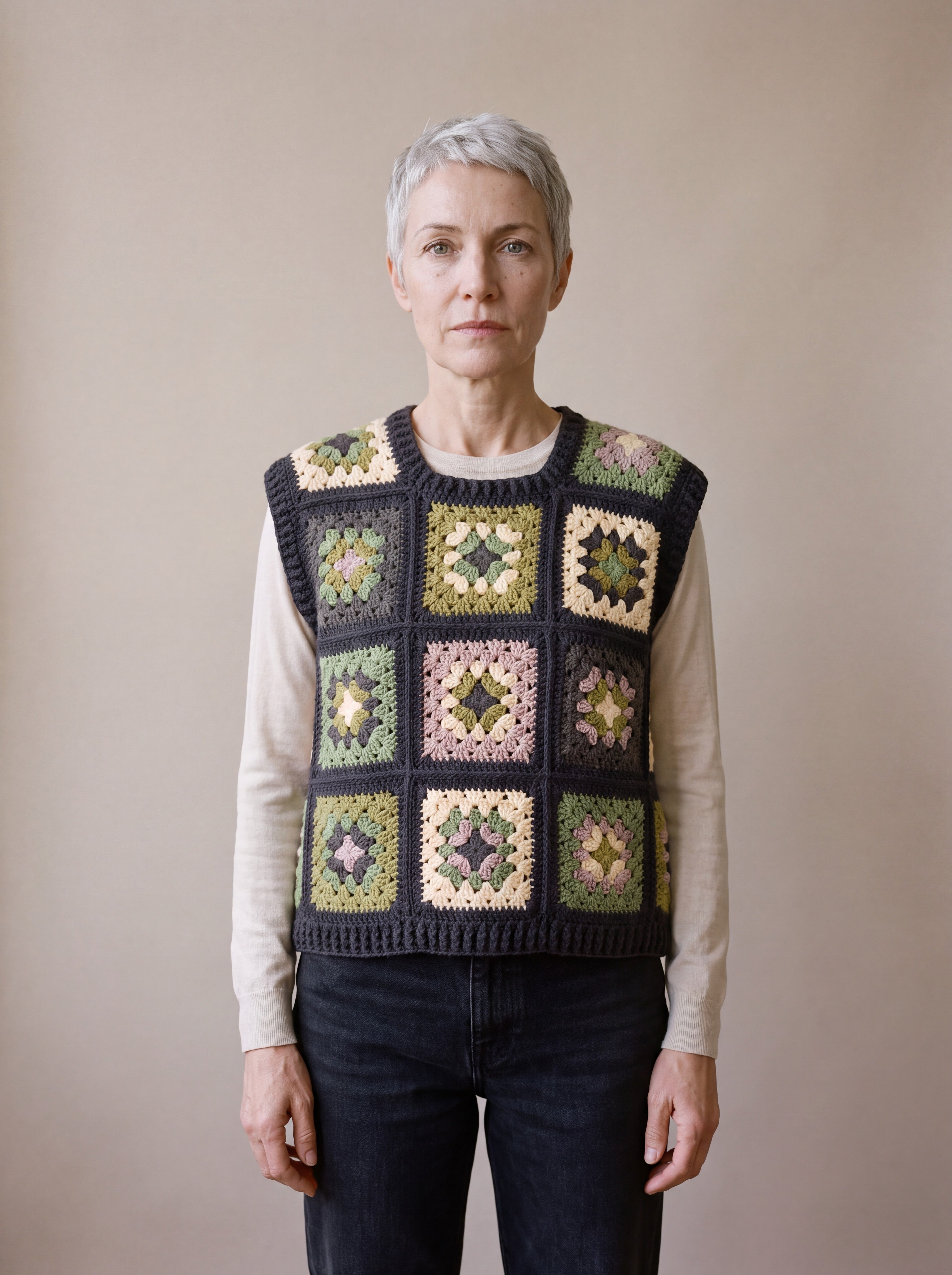 Green granny square crochet vest worn over a beige long-sleeve top