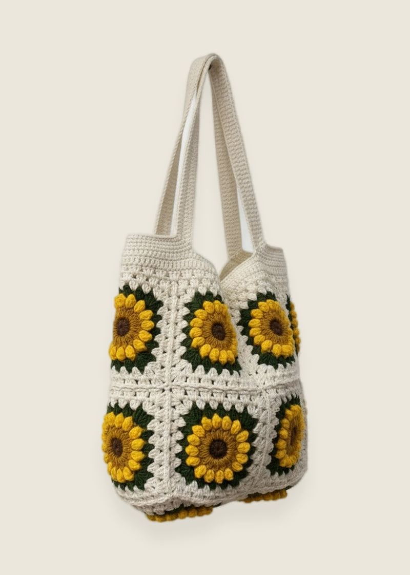 Sunflower bag — handmade organic cotton crochet bag by Ana Chic, styled view