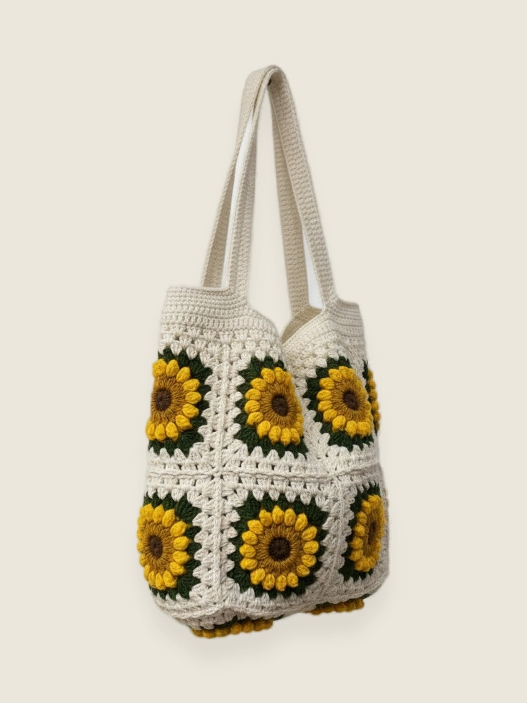 Sunflower bag — handmade organic cotton crochet bag by Ana Chic, styled view
