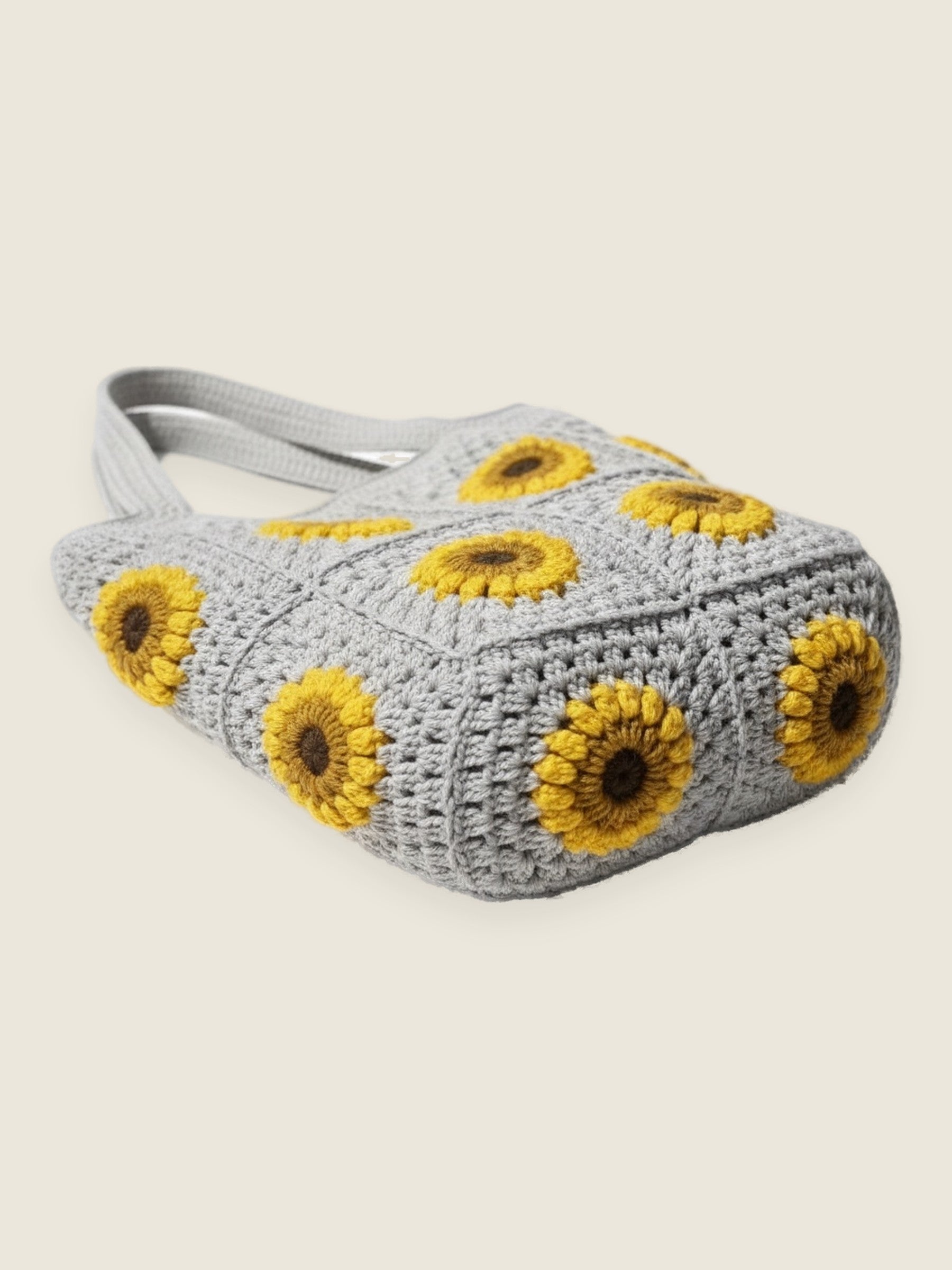 Sunflower bag — handmade organic cotton crochet bag by Ana Chic, styled view